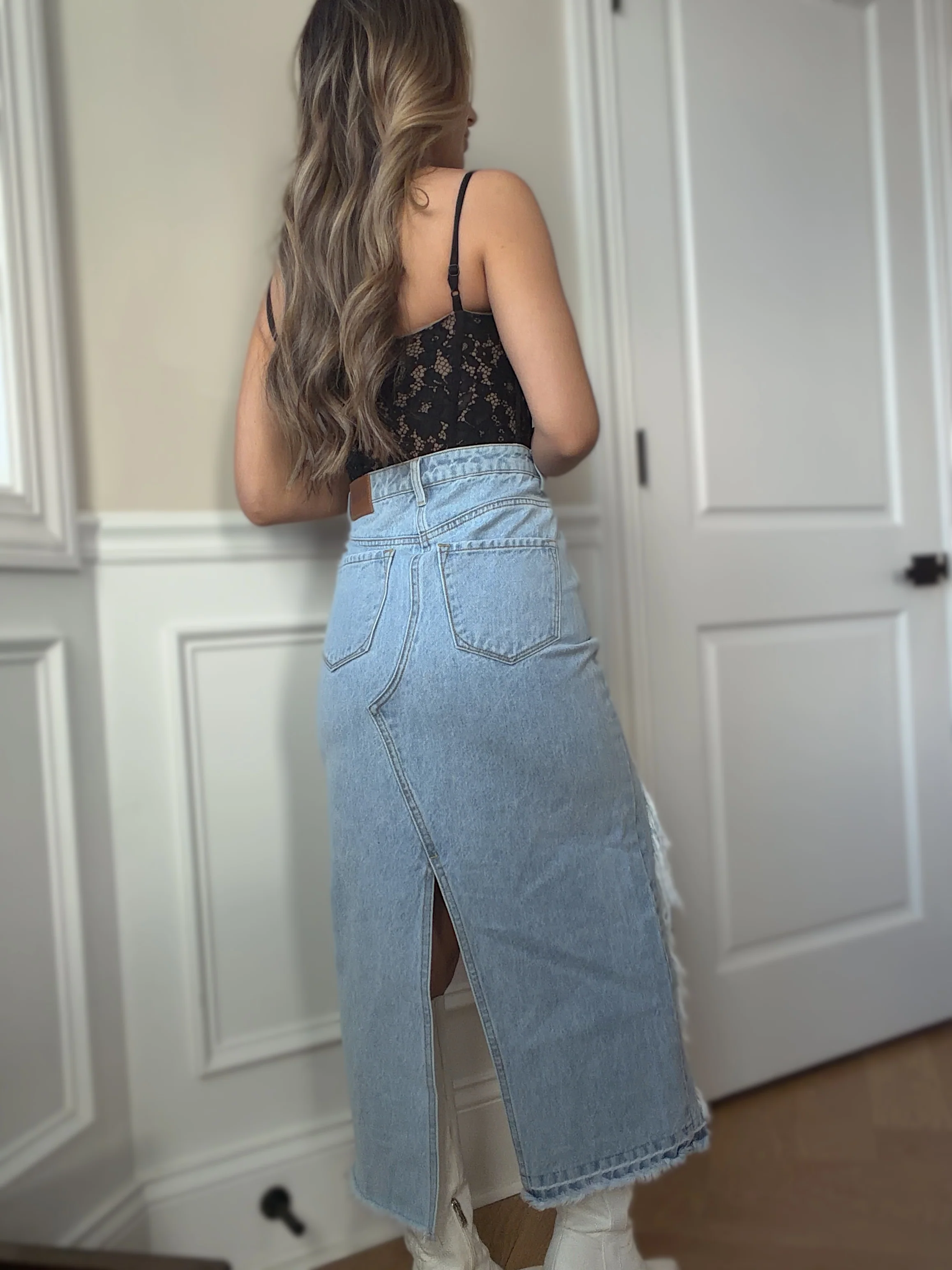 Harper Heavily Distressed Denim Maxi Skirt - Image 8