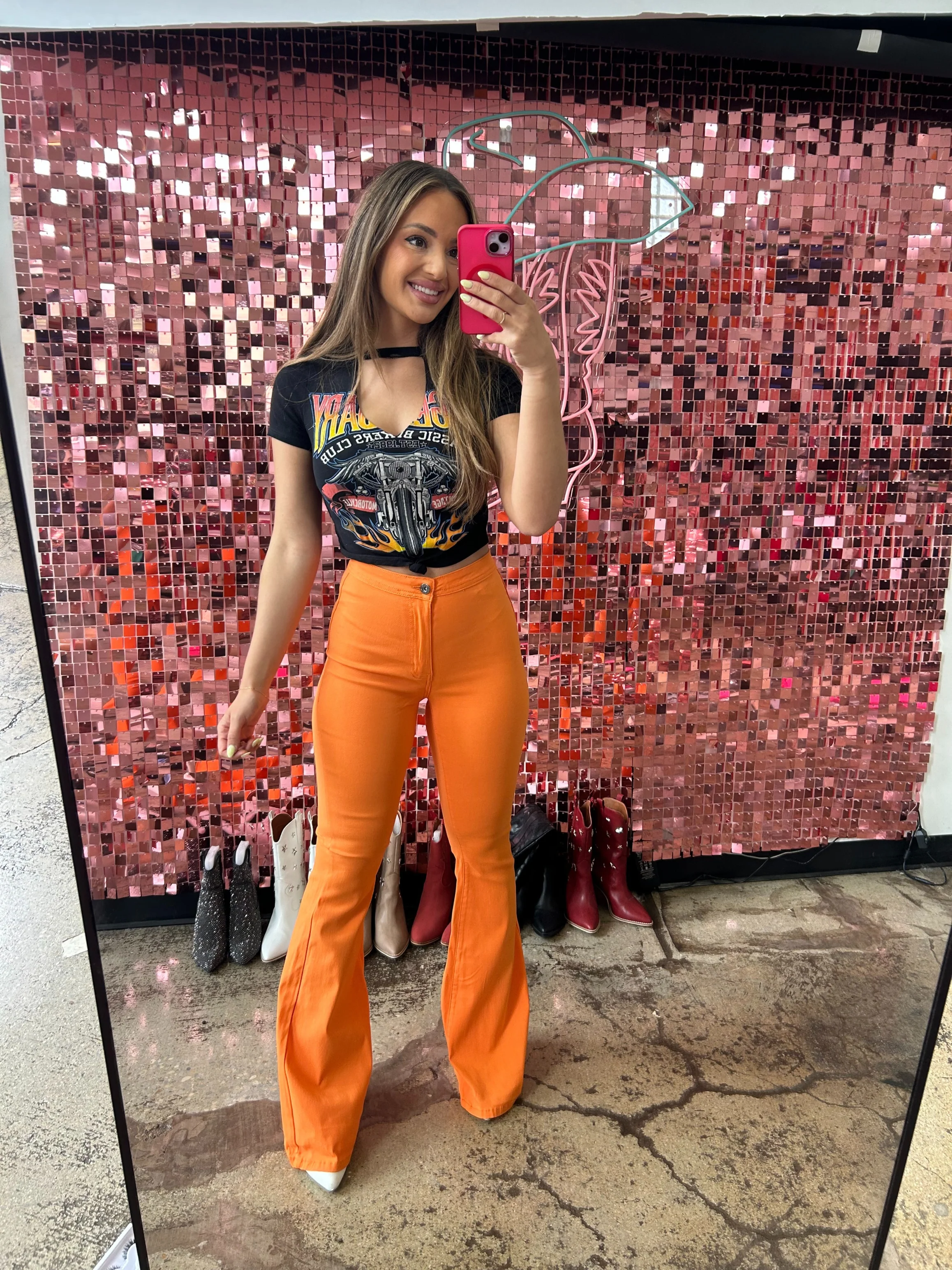 Fiona High Waisted Bell Bottom Flare Jeans - Orange - Image 15