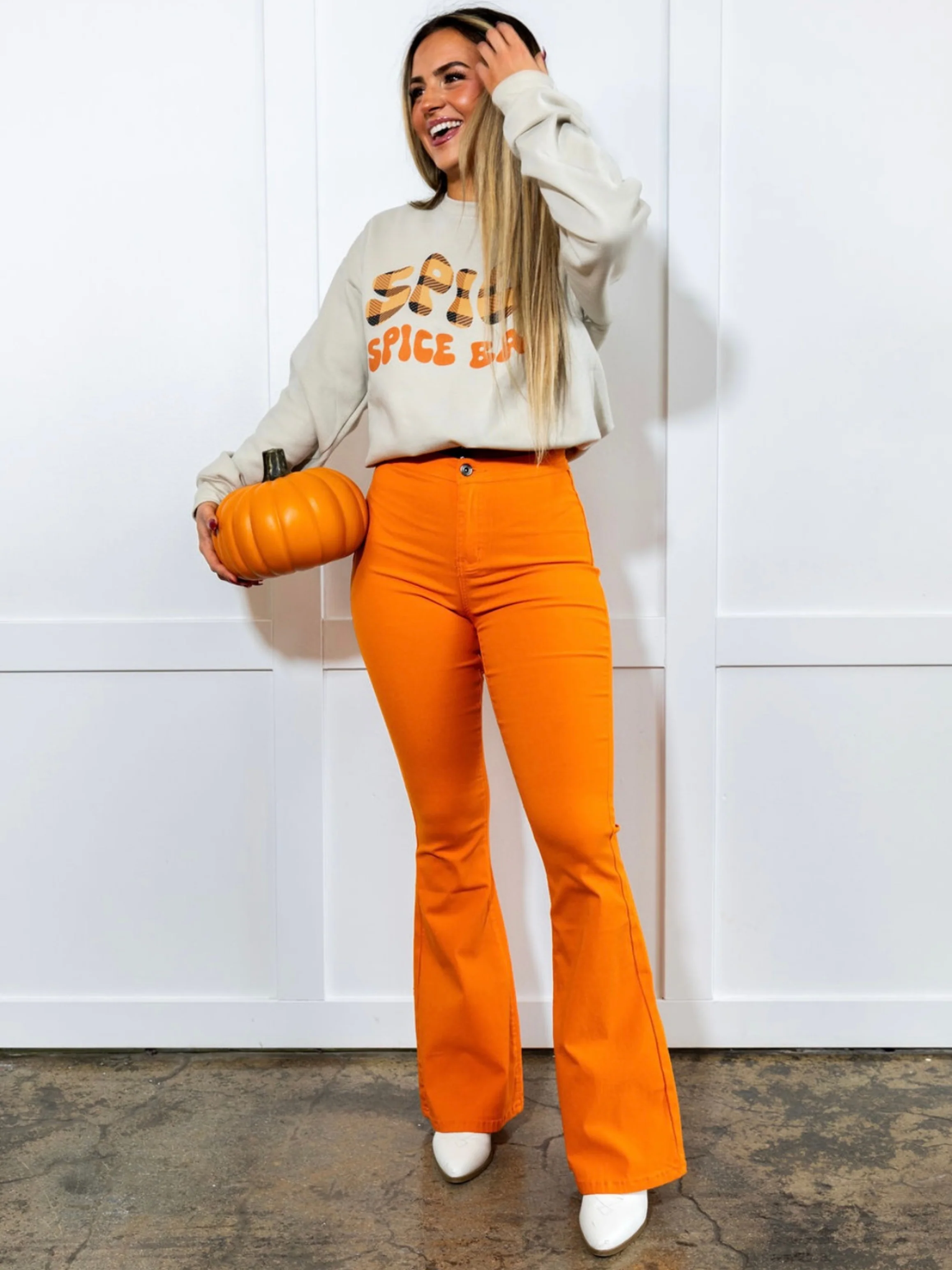 Fiona High Waisted Bell Bottom Flare Jeans - Orange - Image 6