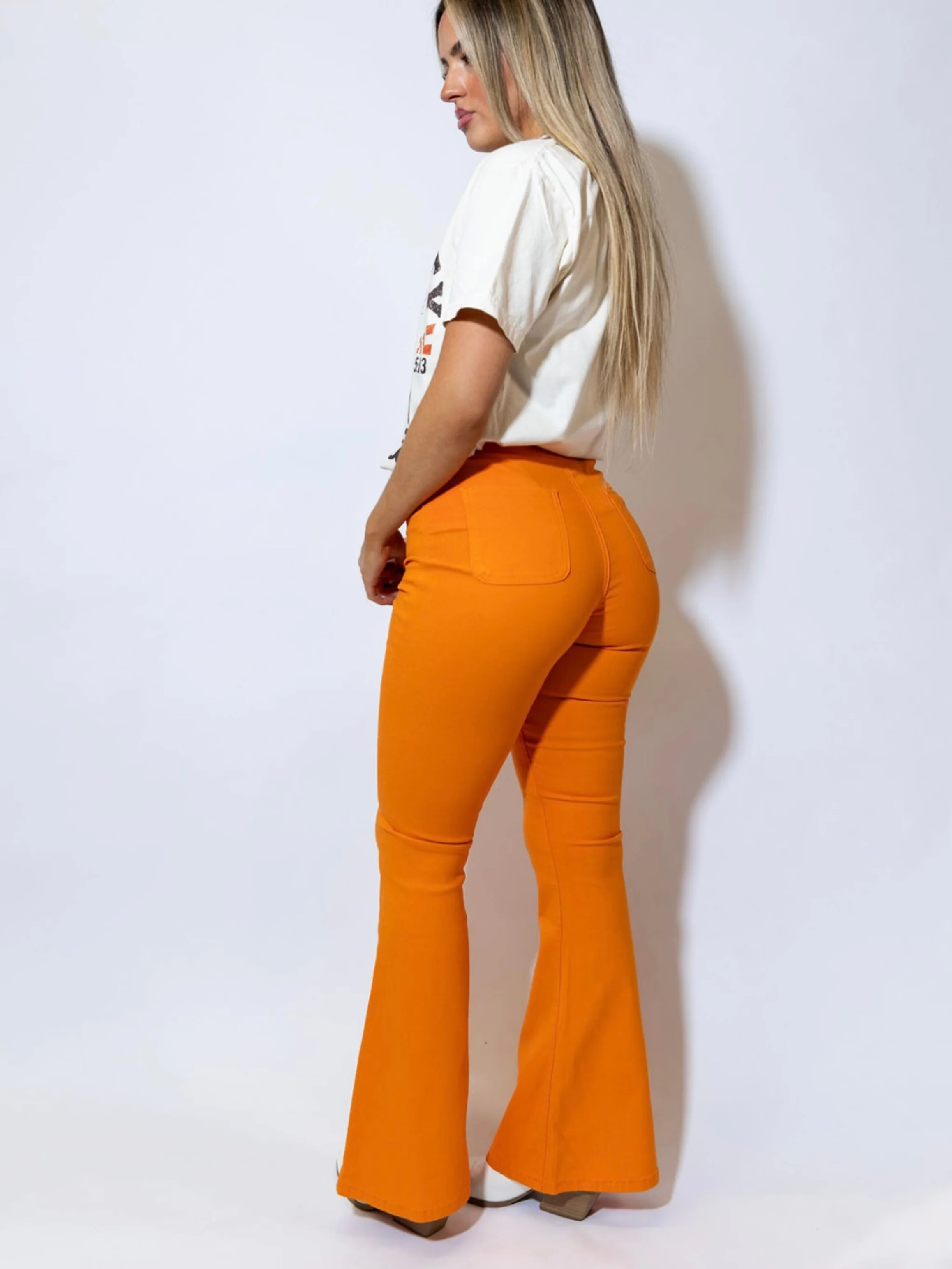 Fiona High Waisted Bell Bottom Flare Jeans - Orange - Image 9