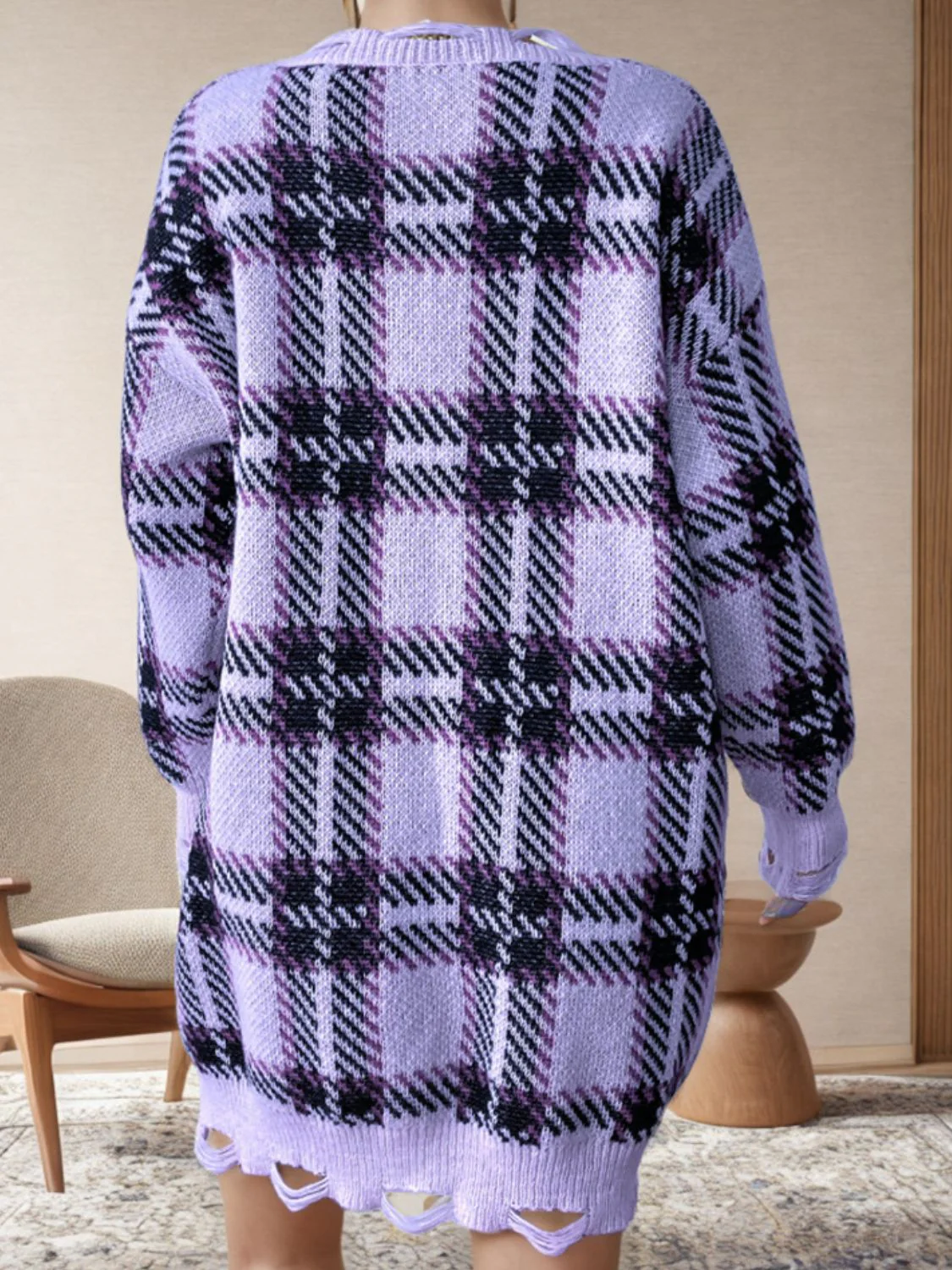 PREORDER: Lydia Distressed Plaid V-Neck Long Sleeve Sweater Dress - Image 10