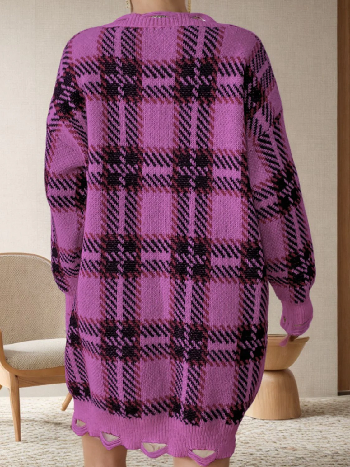 PREORDER: Lydia Distressed Plaid V-Neck Long Sleeve Sweater Dress - Image 4