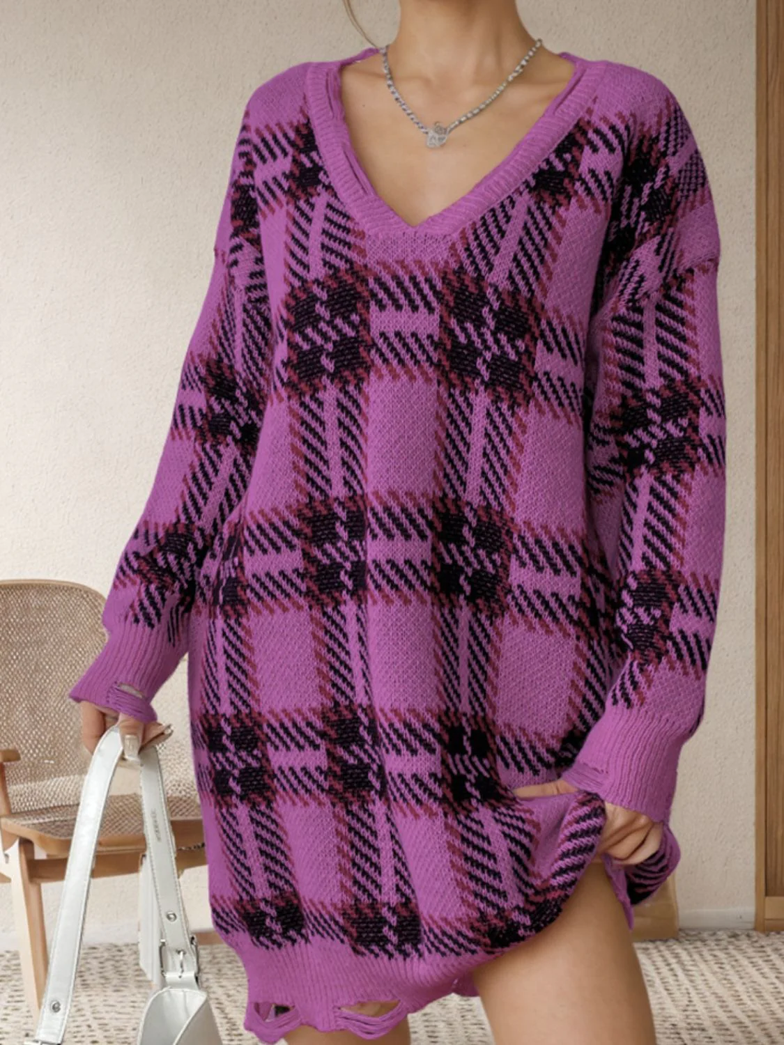 PREORDER: Lydia Distressed Plaid V-Neck Long Sleeve Sweater Dress - Image 5