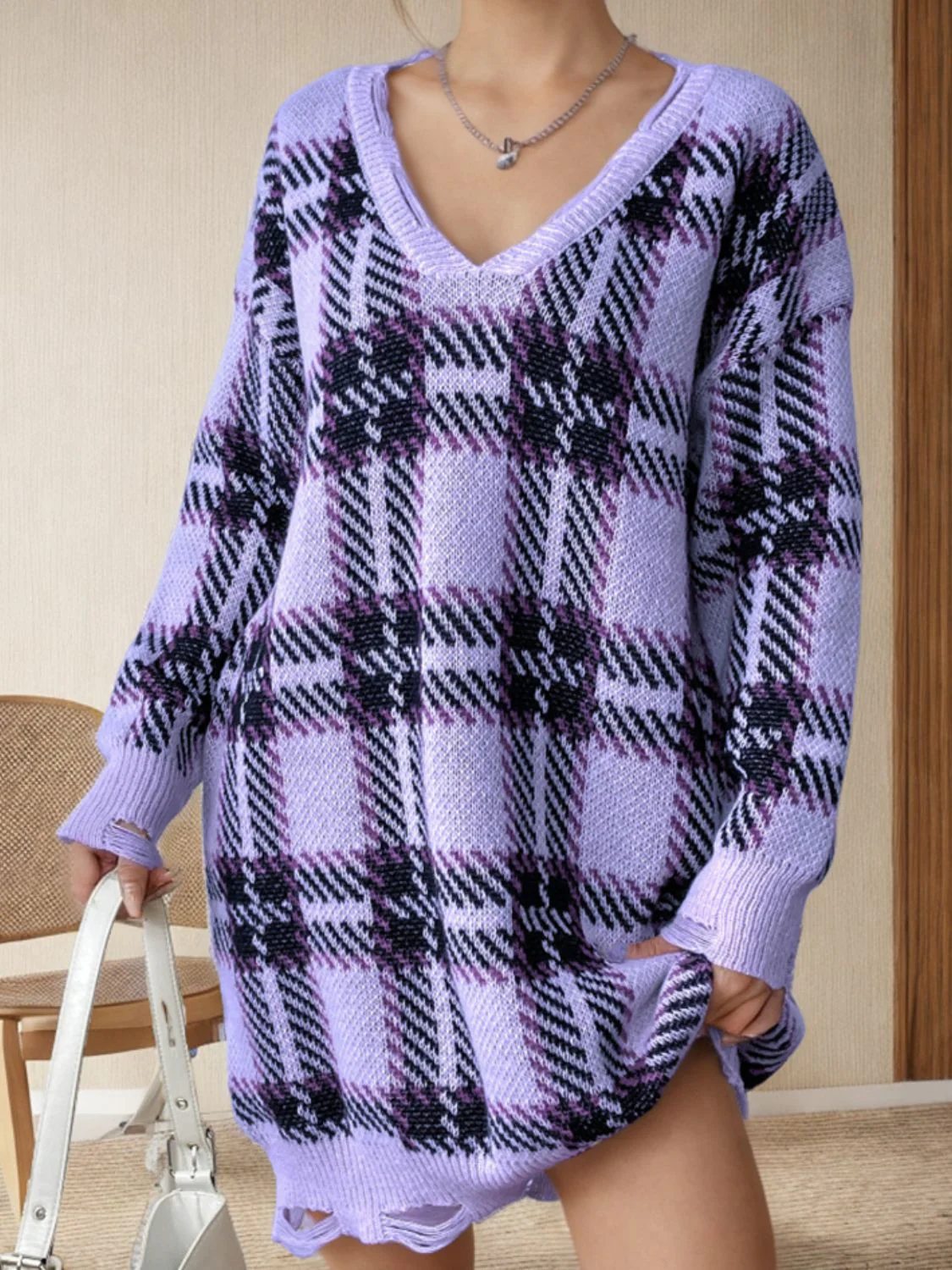PREORDER: Lydia Distressed Plaid V-Neck Long Sleeve Sweater Dress - Image 9