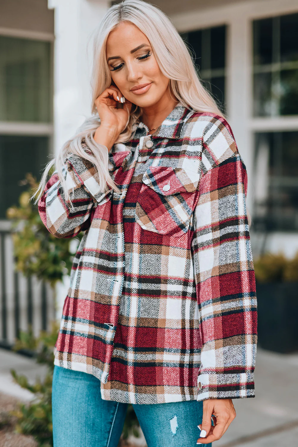 PREORDER: Aspen Plaid Button Front Shirt Jacket with Breast Pockets - Image 15