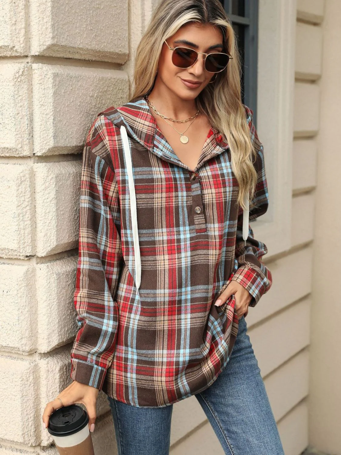 PREORDER: Darcy Drawstring Plaid Hooded Long Sleeve Top - Image 11
