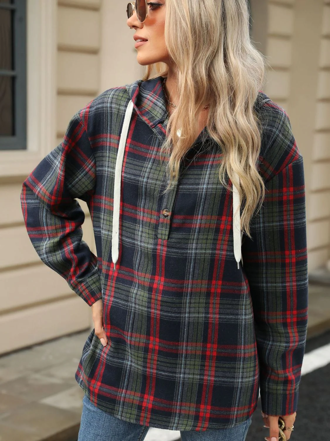 PREORDER: Darcy Drawstring Plaid Hooded Long Sleeve Top - Image 4