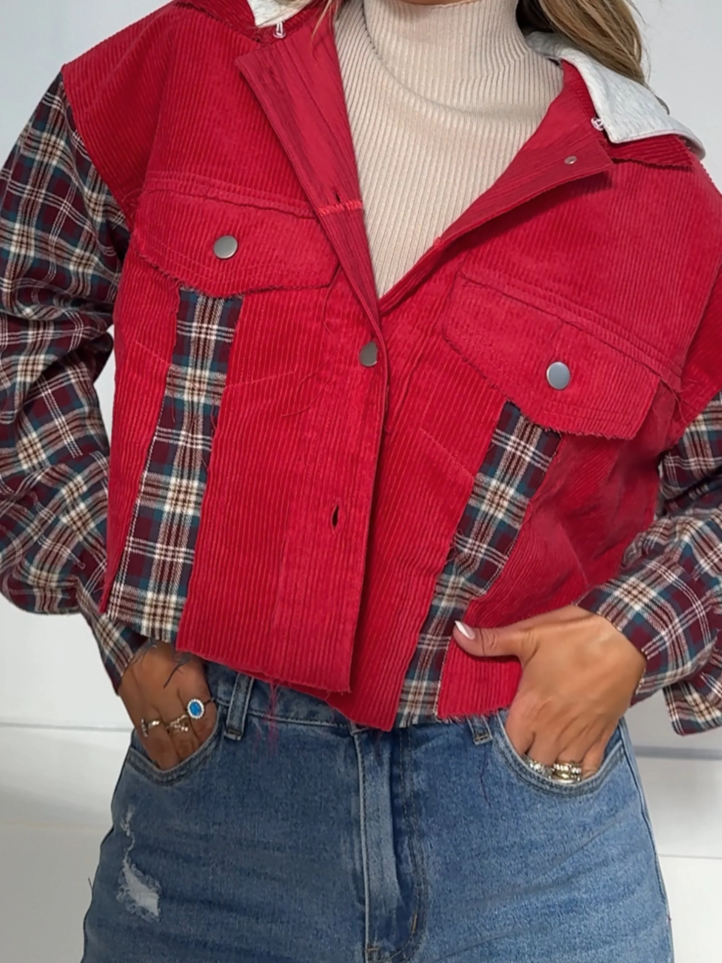Fall Leaves Plaid Cropped Shacket - Image 3