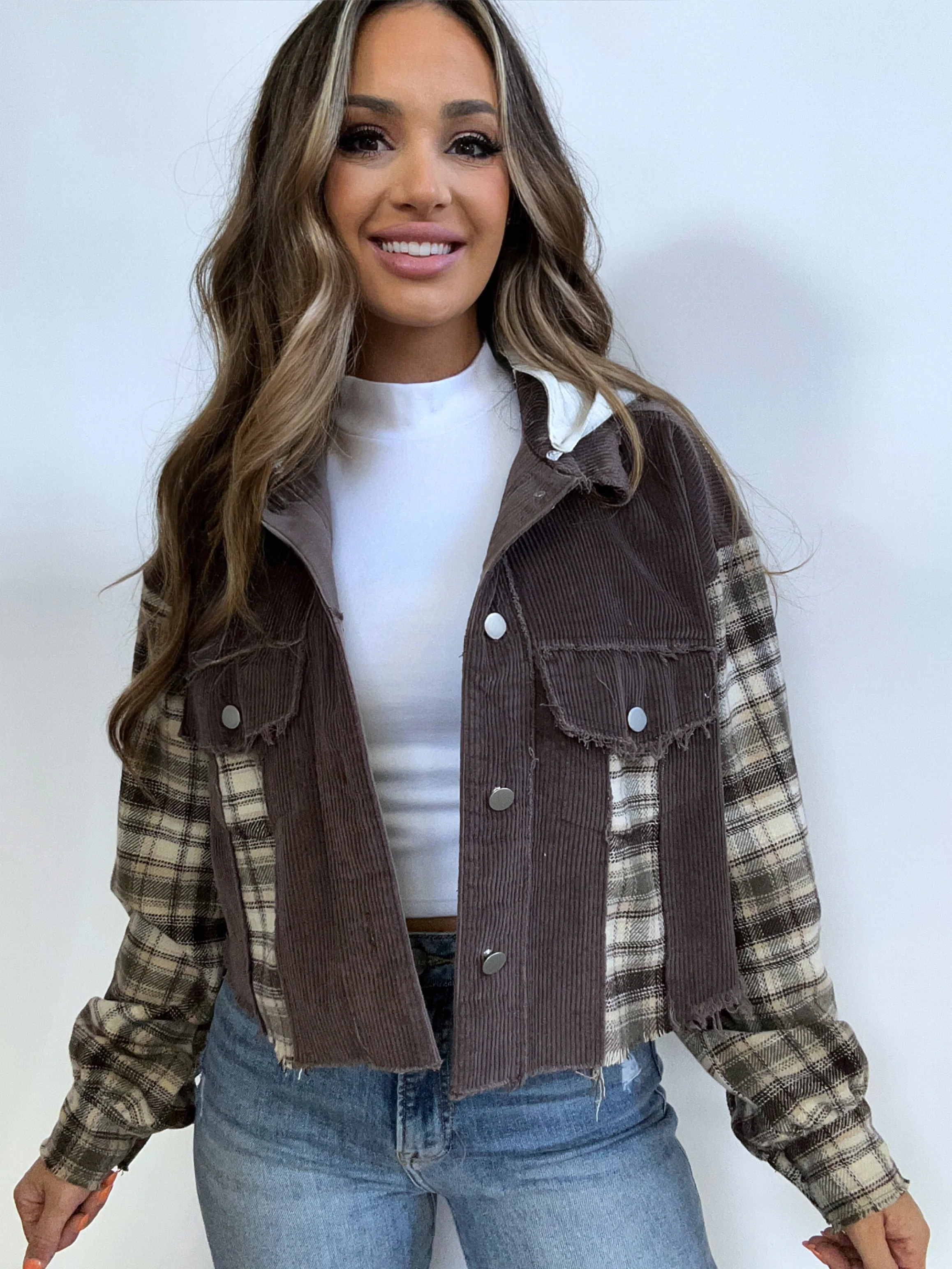 Fall Leaves Plaid Cropped Shacket - Image 9