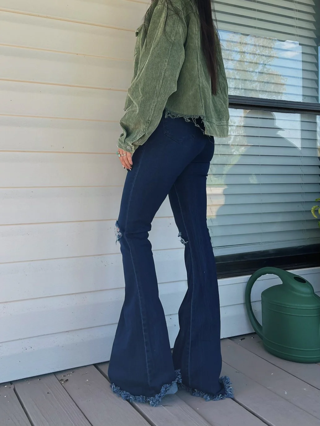 Farrah Denim Distressed High Waisted Flares - Dark Wash - Image 3