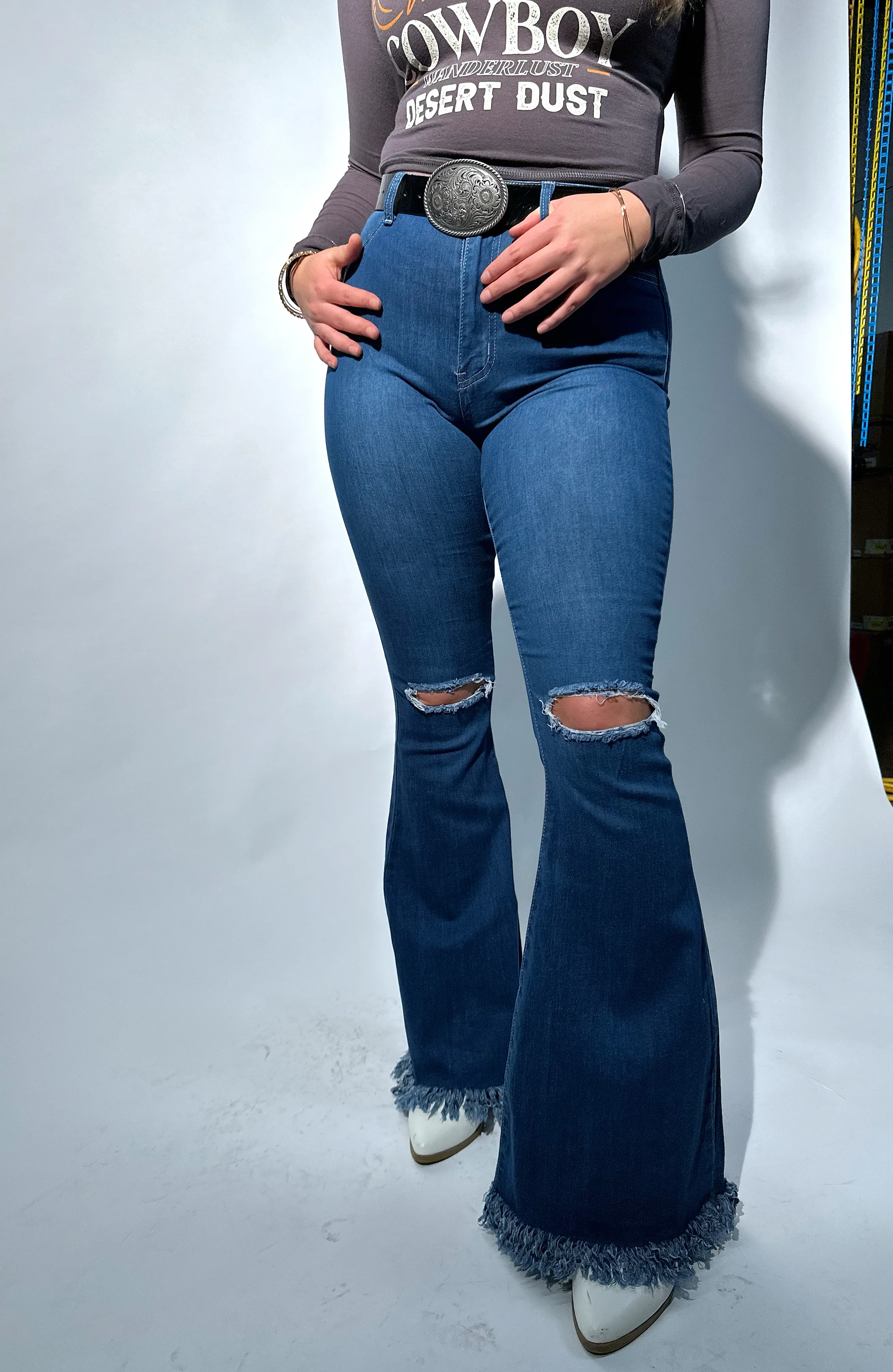 Farrah Denim Distressed High Waisted Flares - Medium Wash - Image 5