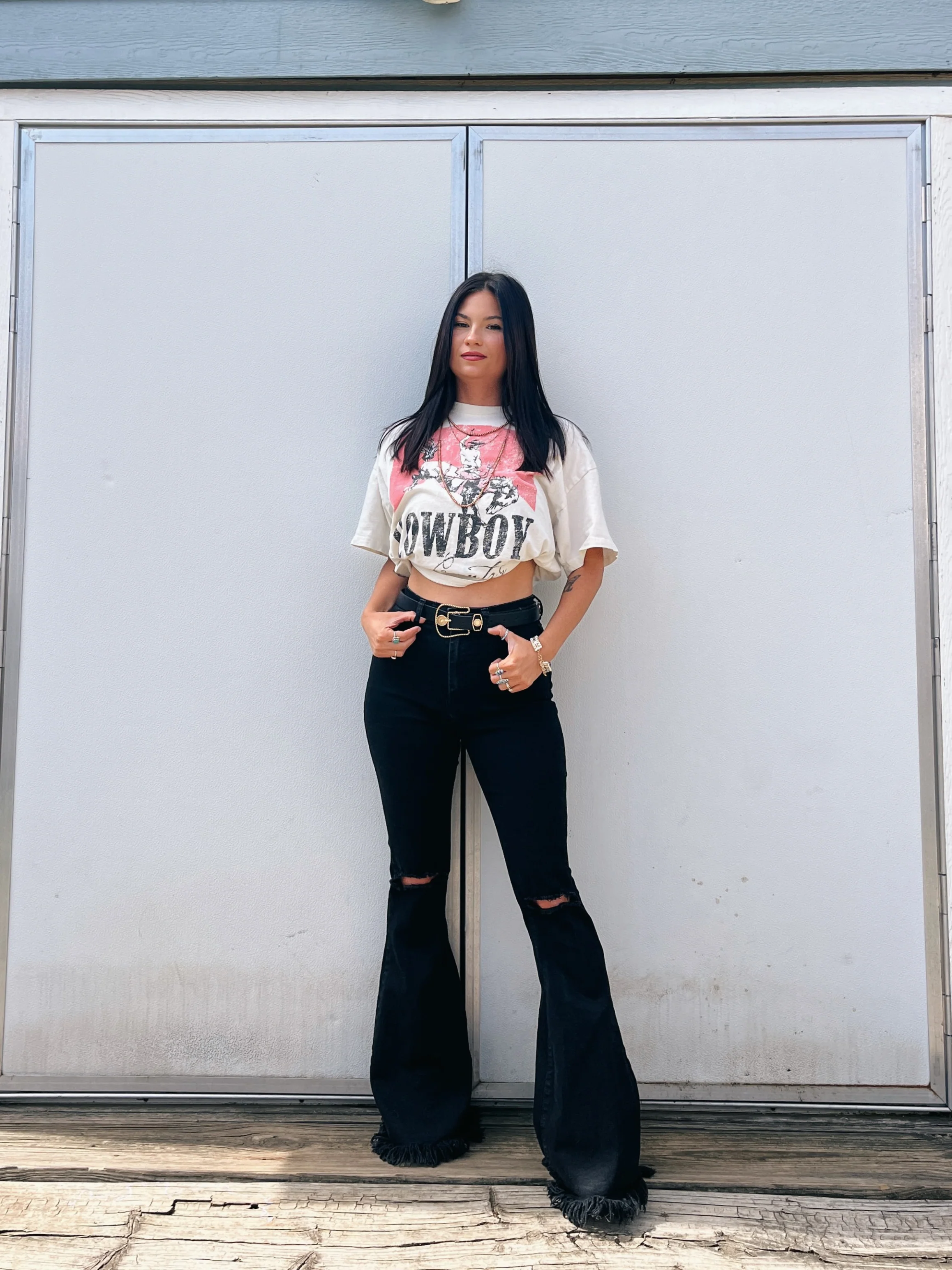 Farrah Distressed High Waisted Flares - Black - Image 3