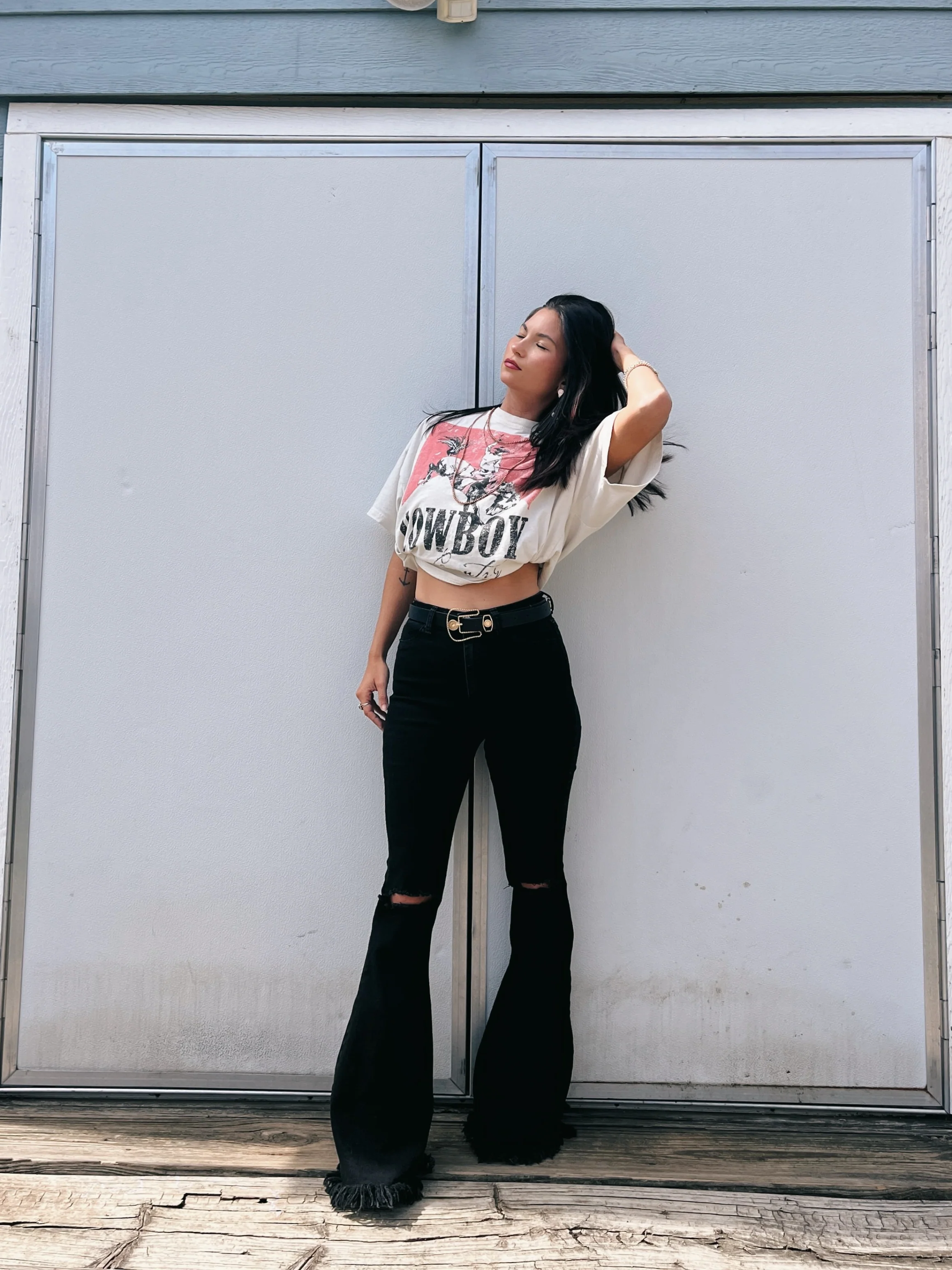 Farrah Distressed High Waisted Flares - Black - Image 5