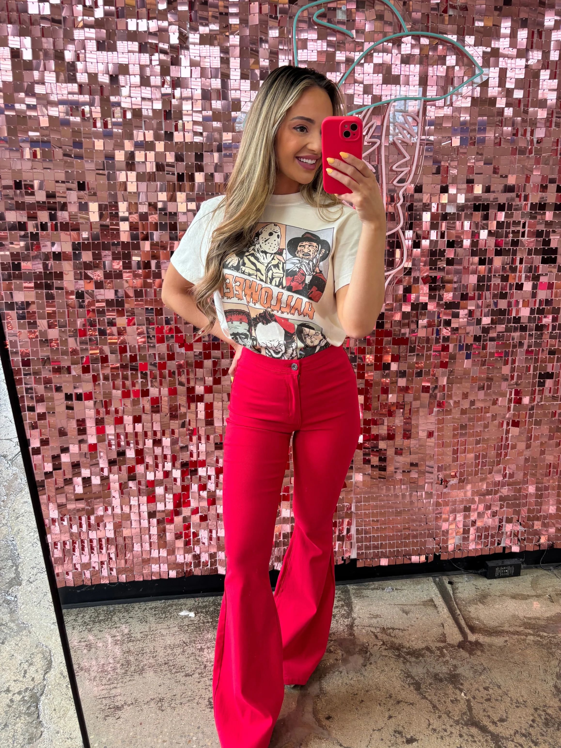 Fiona High Waisted Bell Bottom Flare Jeans - Red - Image 10