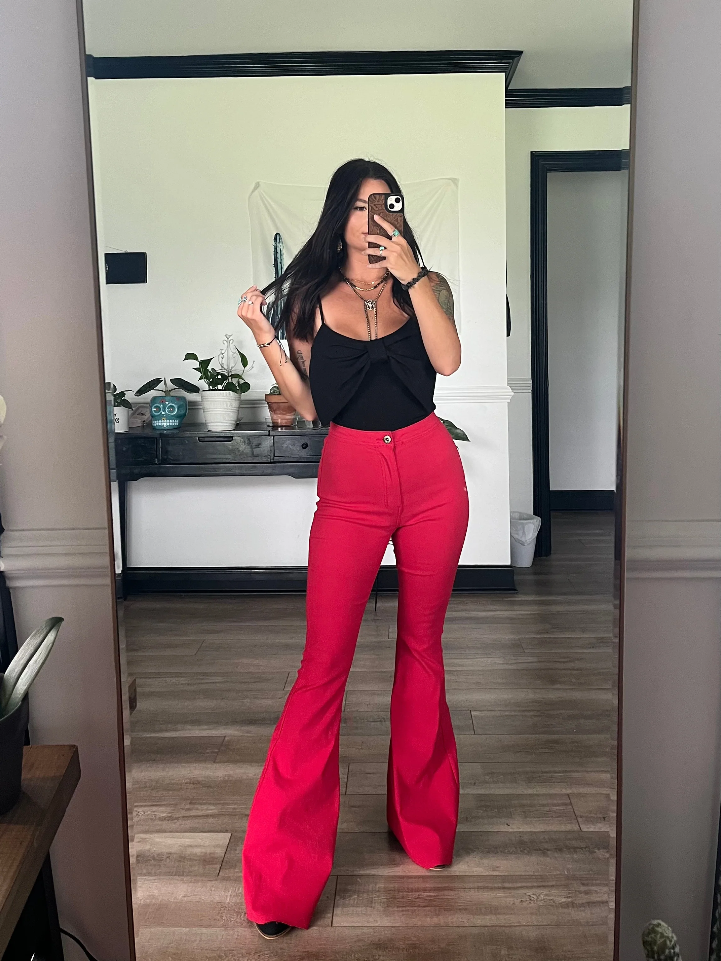 Fiona High Waisted Bell Bottom Flare Jeans - Red - Image 11