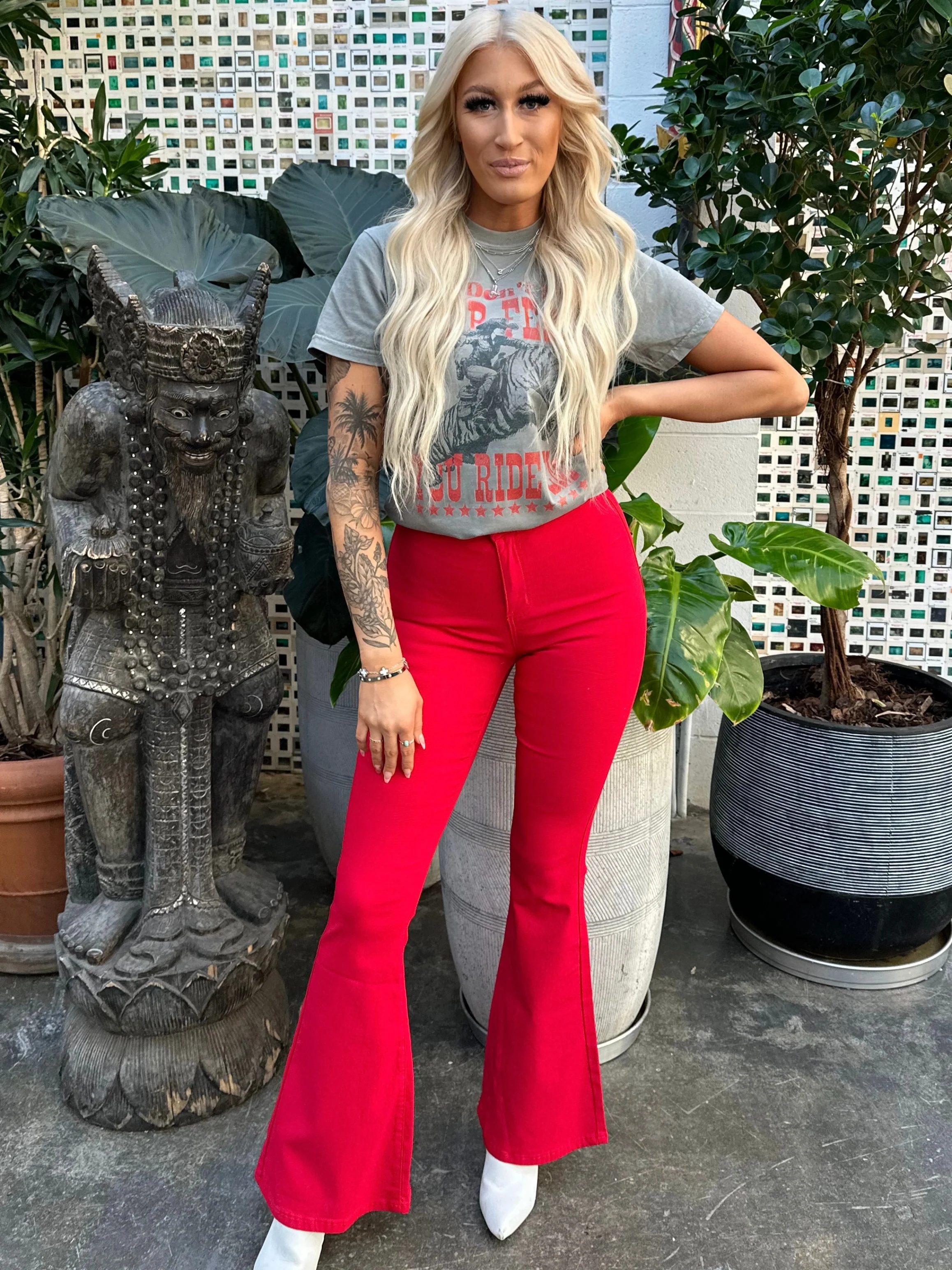 Fiona High Waisted Bell Bottom Flare Jeans - Red - Image 14