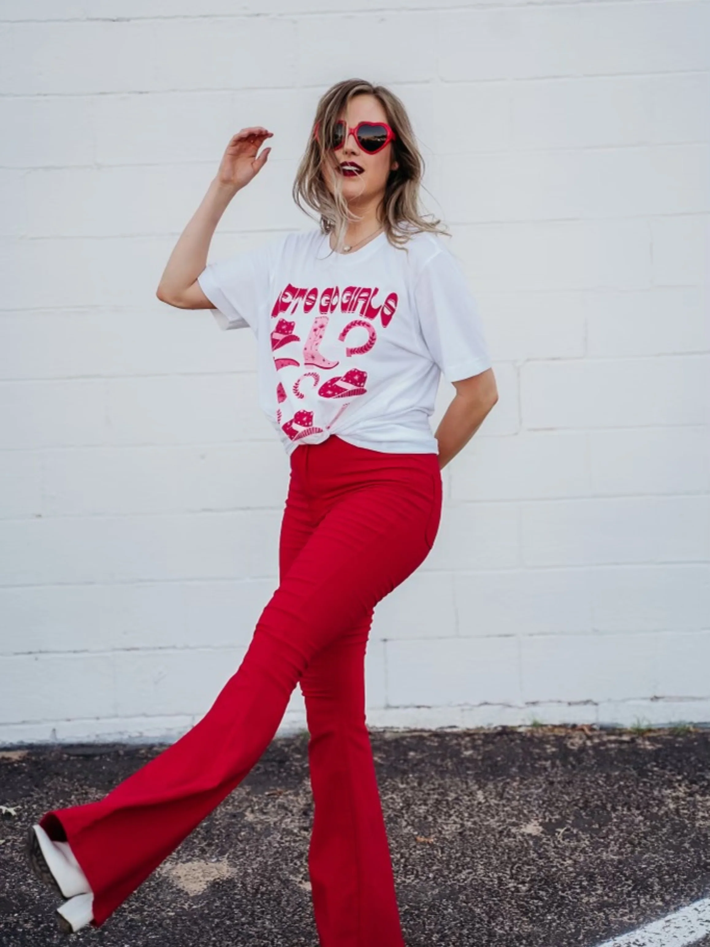 Fiona High Waisted Bell Bottom Flare Jeans - Red - Image 16