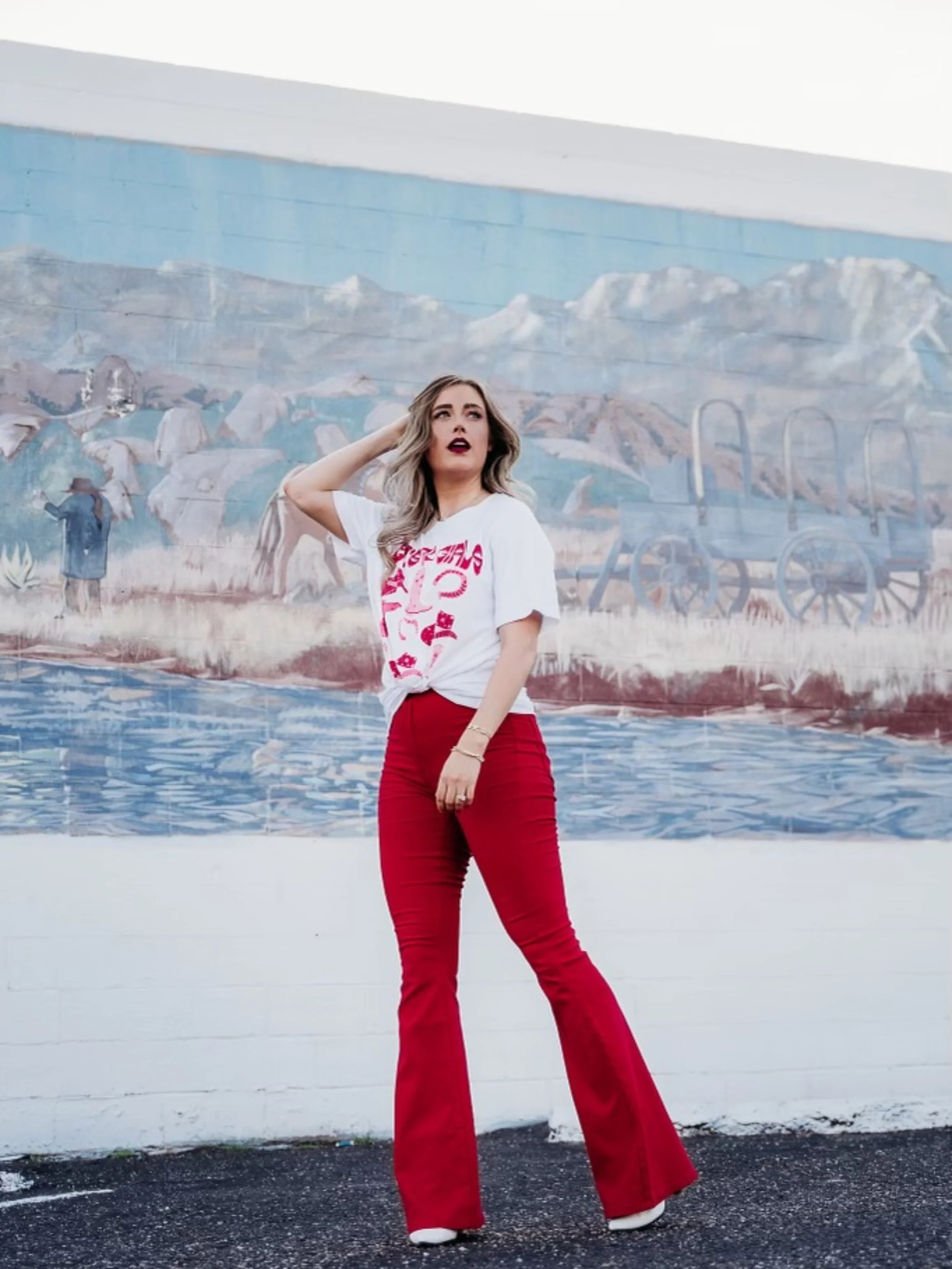 Fiona High Waisted Bell Bottom Flare Jeans - Red - Image 17