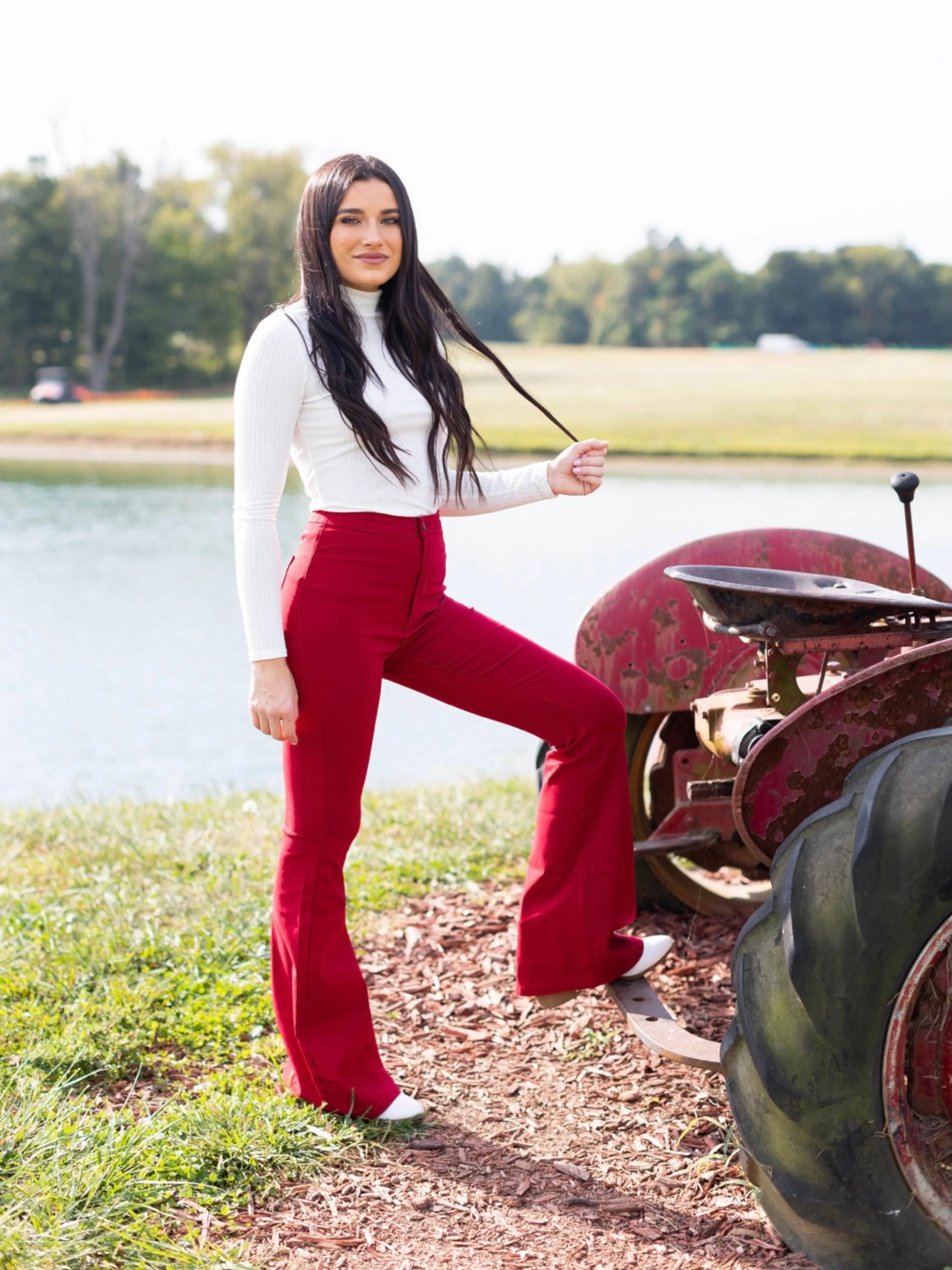 Fiona High Waisted Bell Bottom Flare Jeans - Red - Image 18