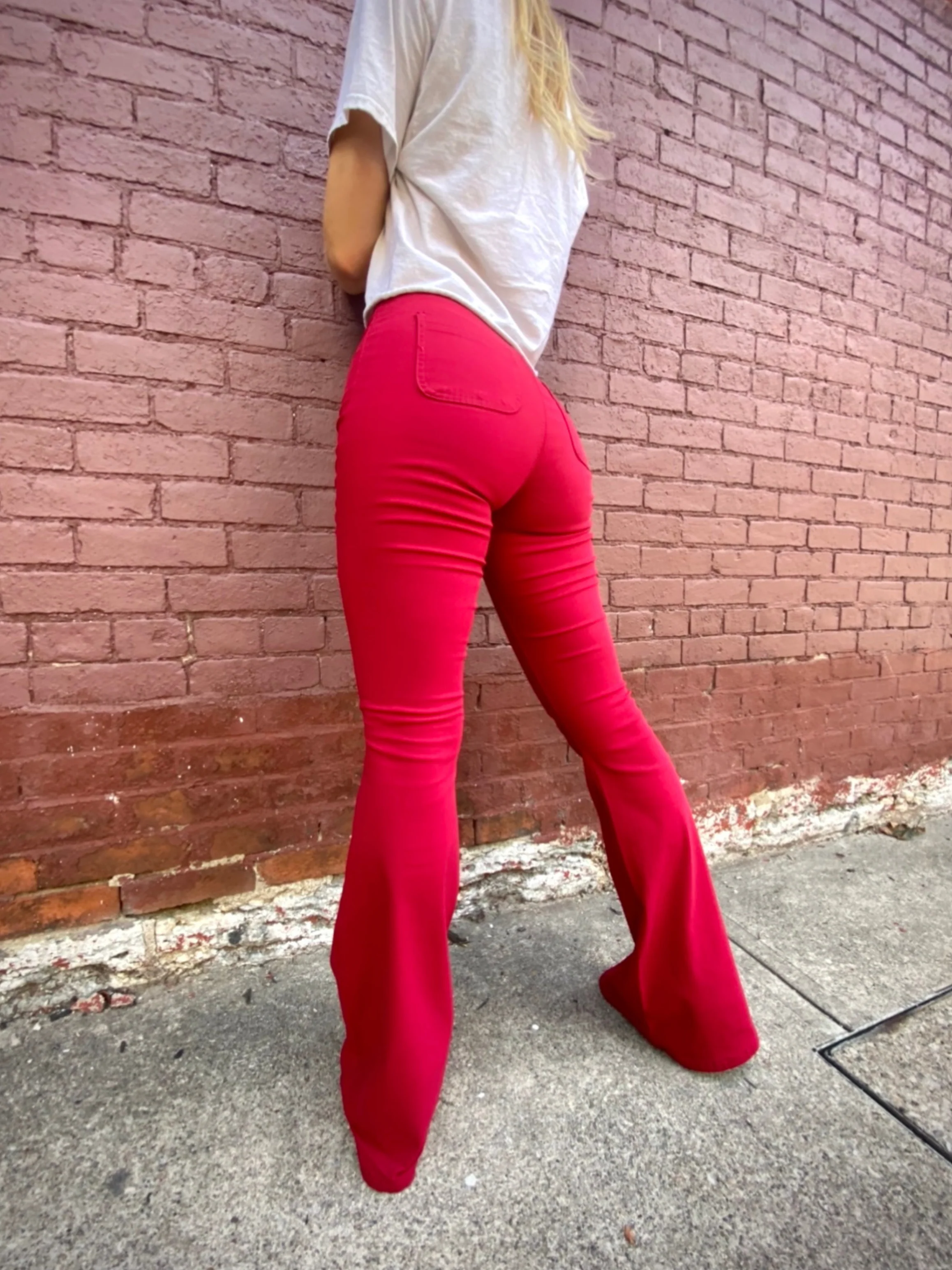 Fiona High Waisted Bell Bottom Flare Jeans - Red - Image 19