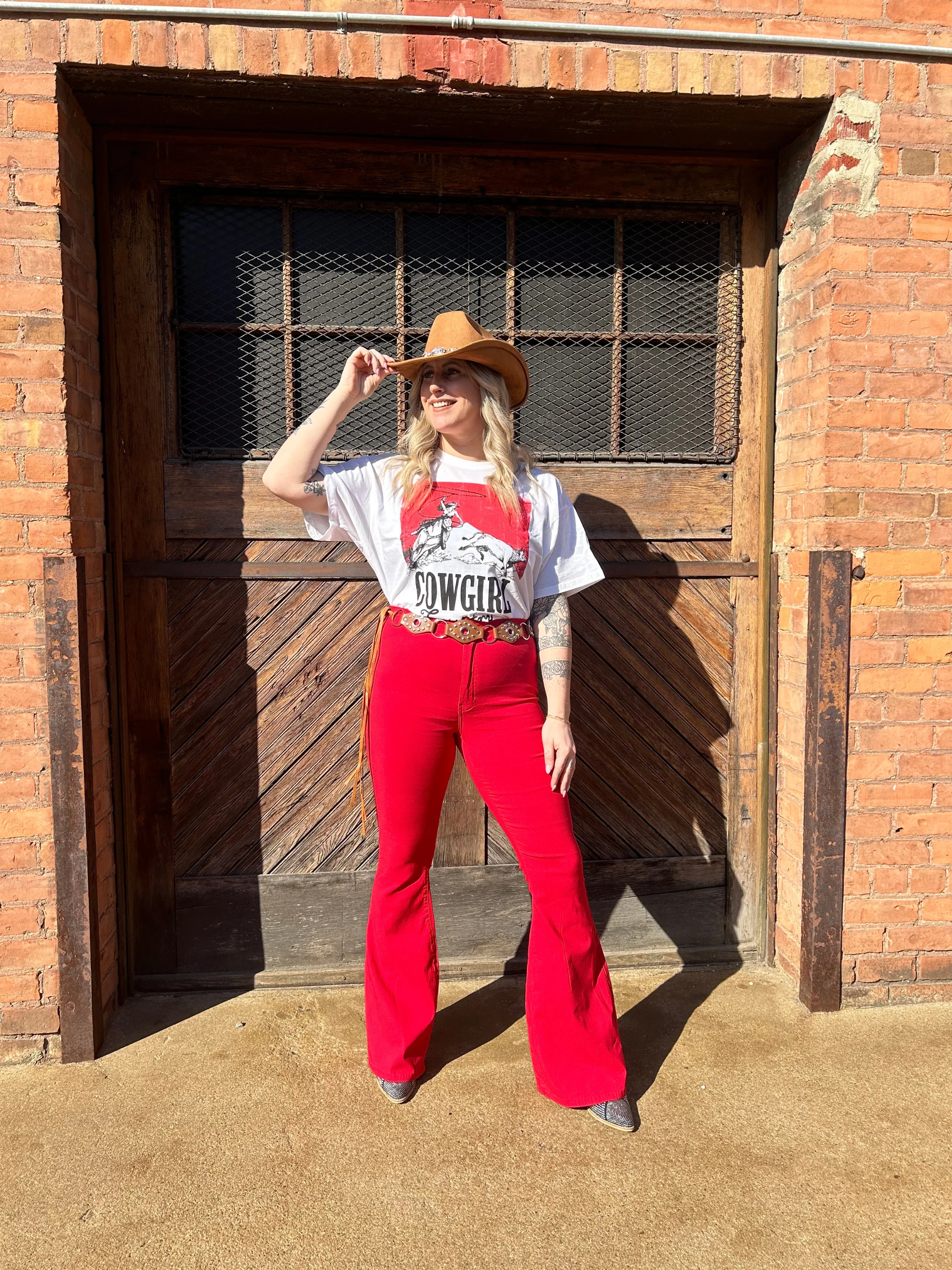 Fiona High Waisted Bell Bottom Flare Jeans - Red - Image 20