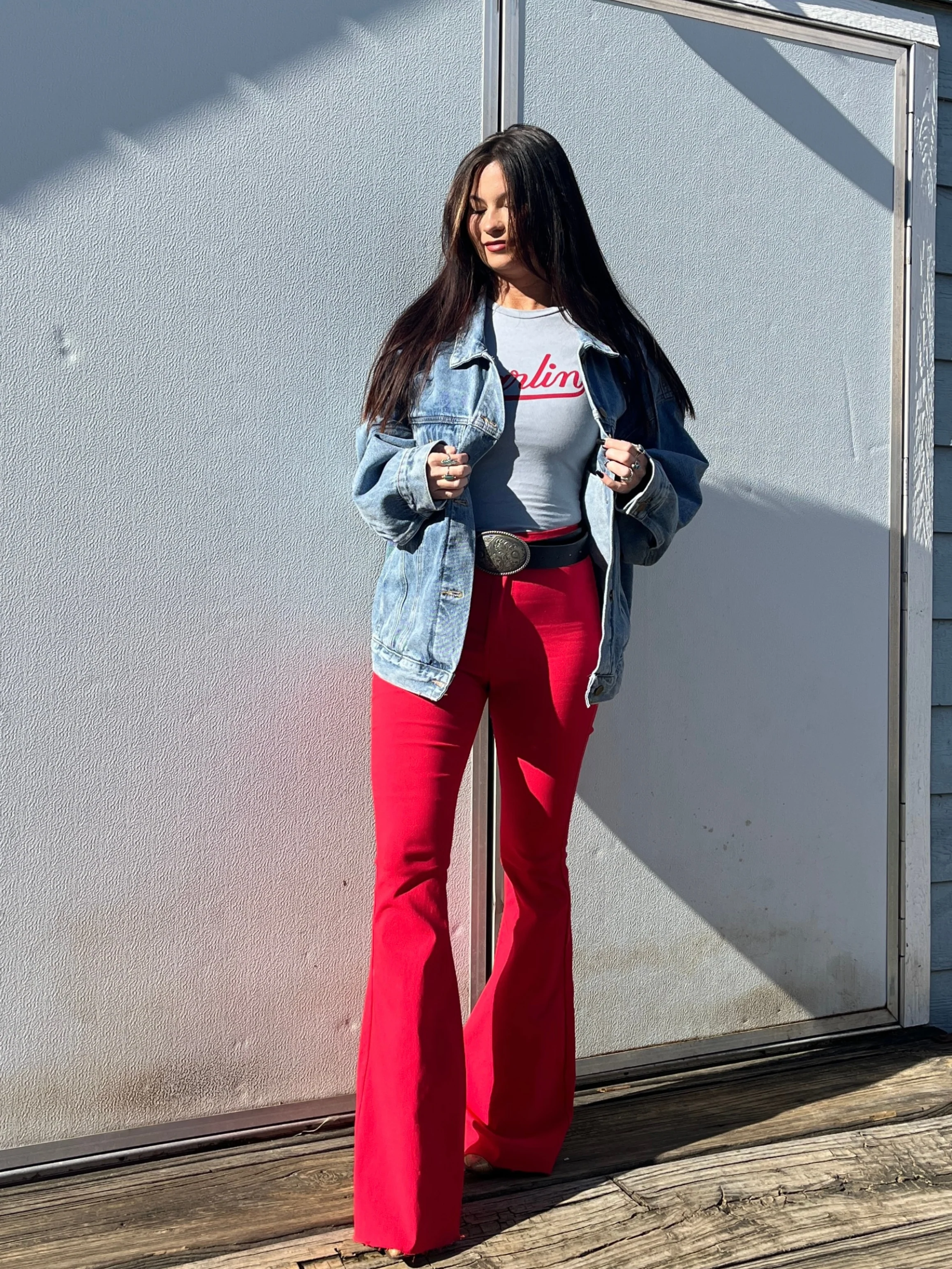 Fiona High Waisted Bell Bottom Flare Jeans - Red - Image 3