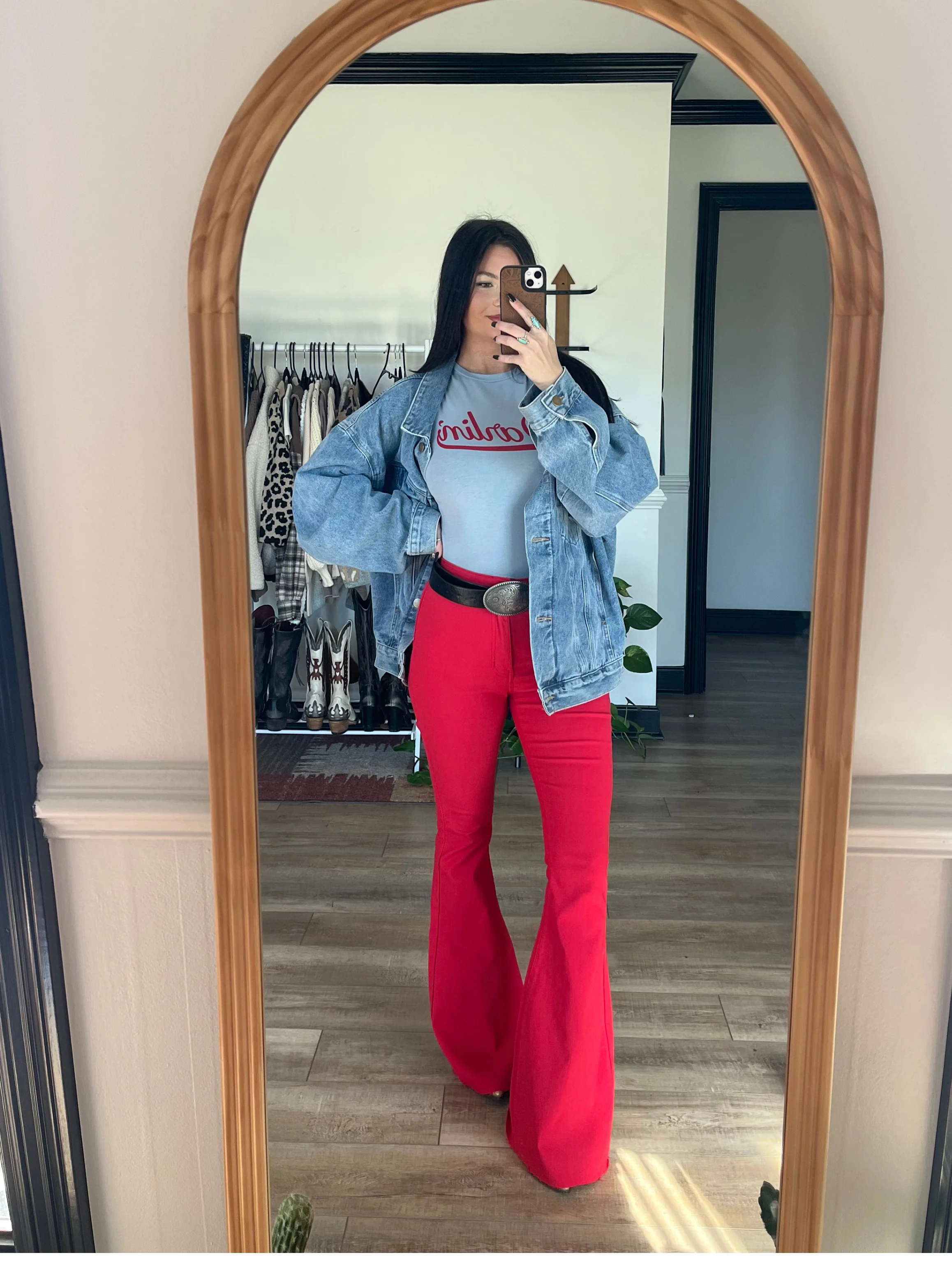 Fiona High Waisted Bell Bottom Flare Jeans - Red - Image 5