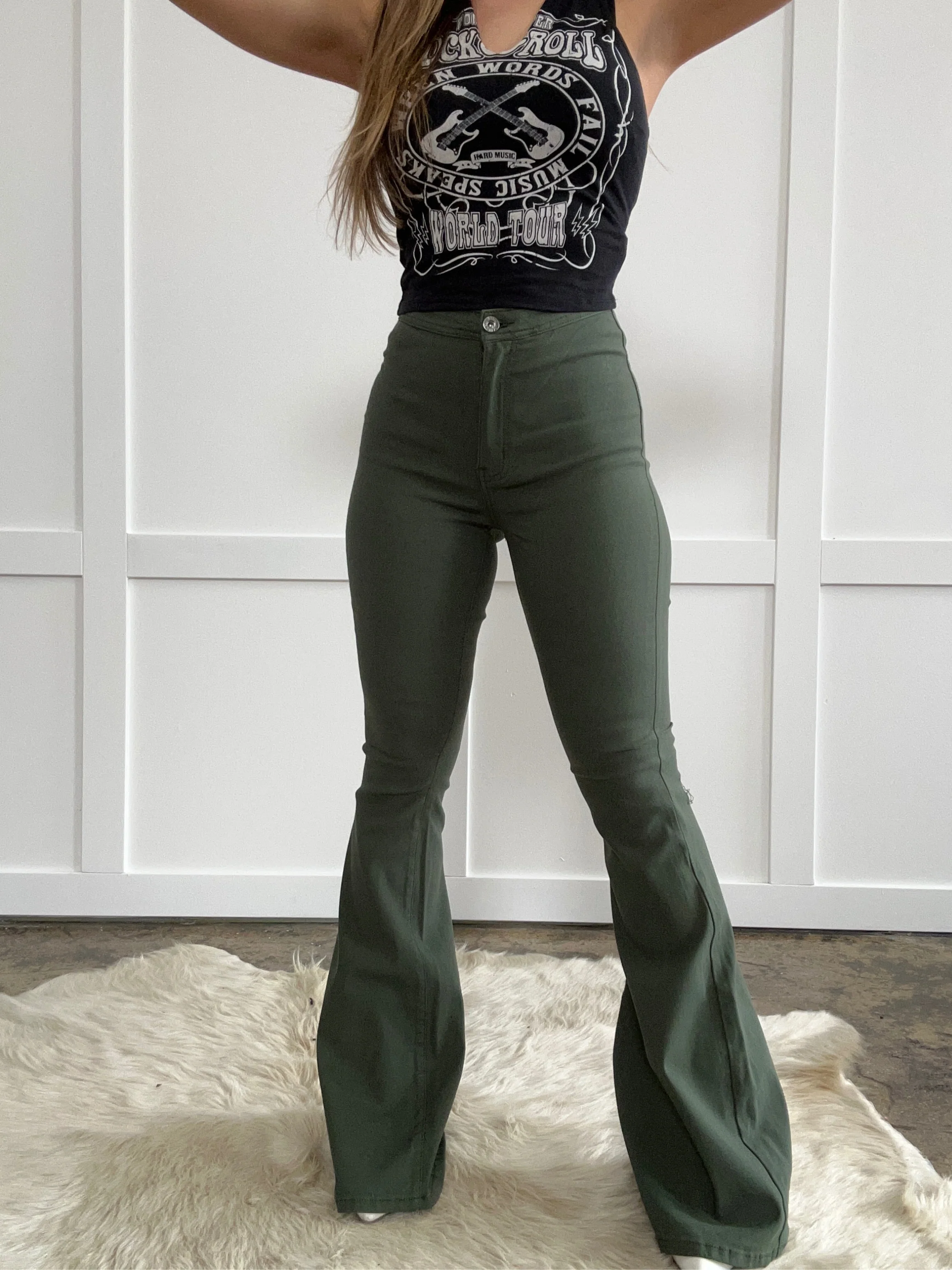 Fiona High Waisted Bell Bottom Flare Jeans - Olive - Image 12
