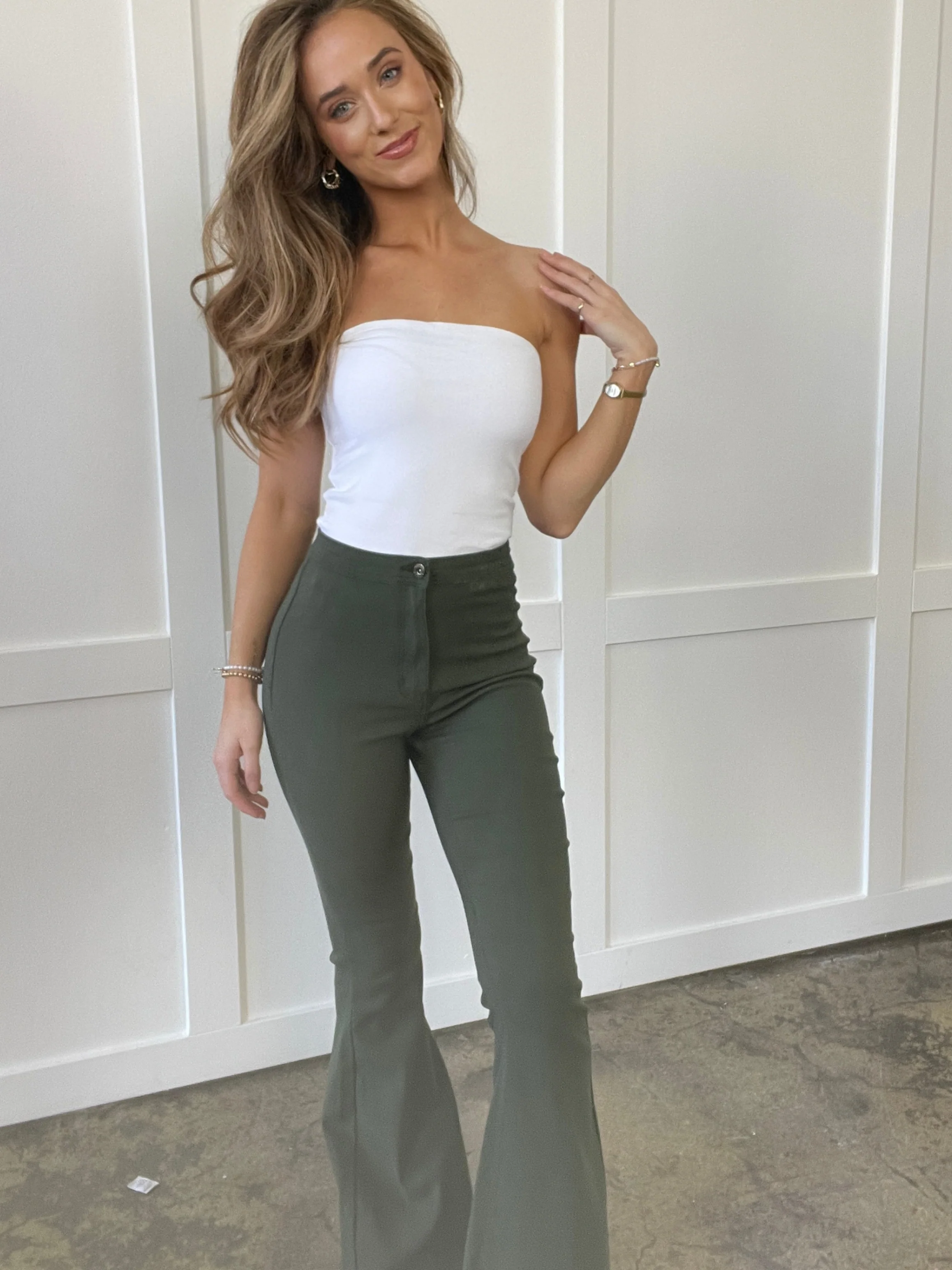 Fiona High Waisted Bell Bottom Flare Jeans - Olive - Image 16