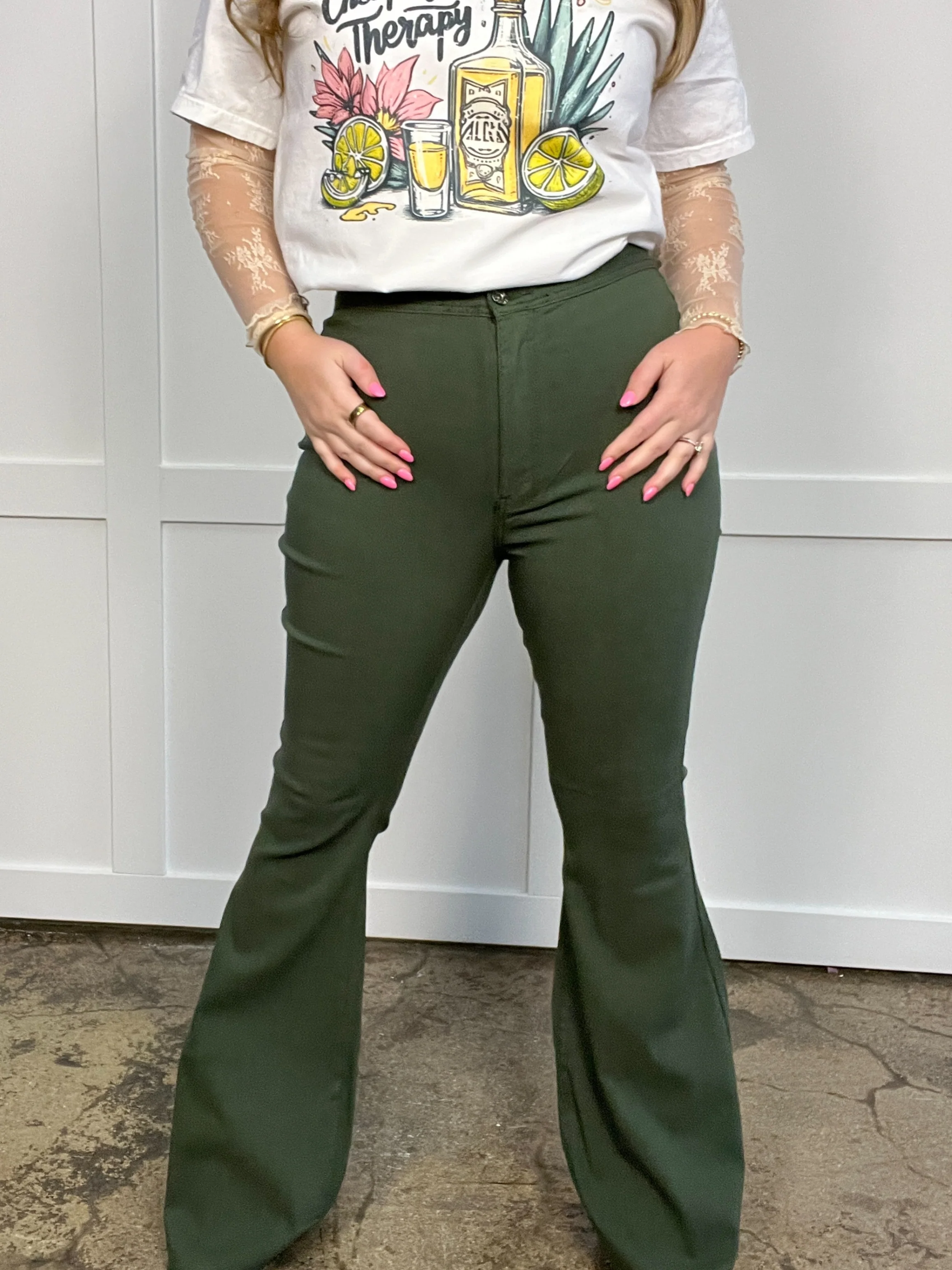 Fiona High Waisted Bell Bottom Flare Jeans - Olive - Image 18