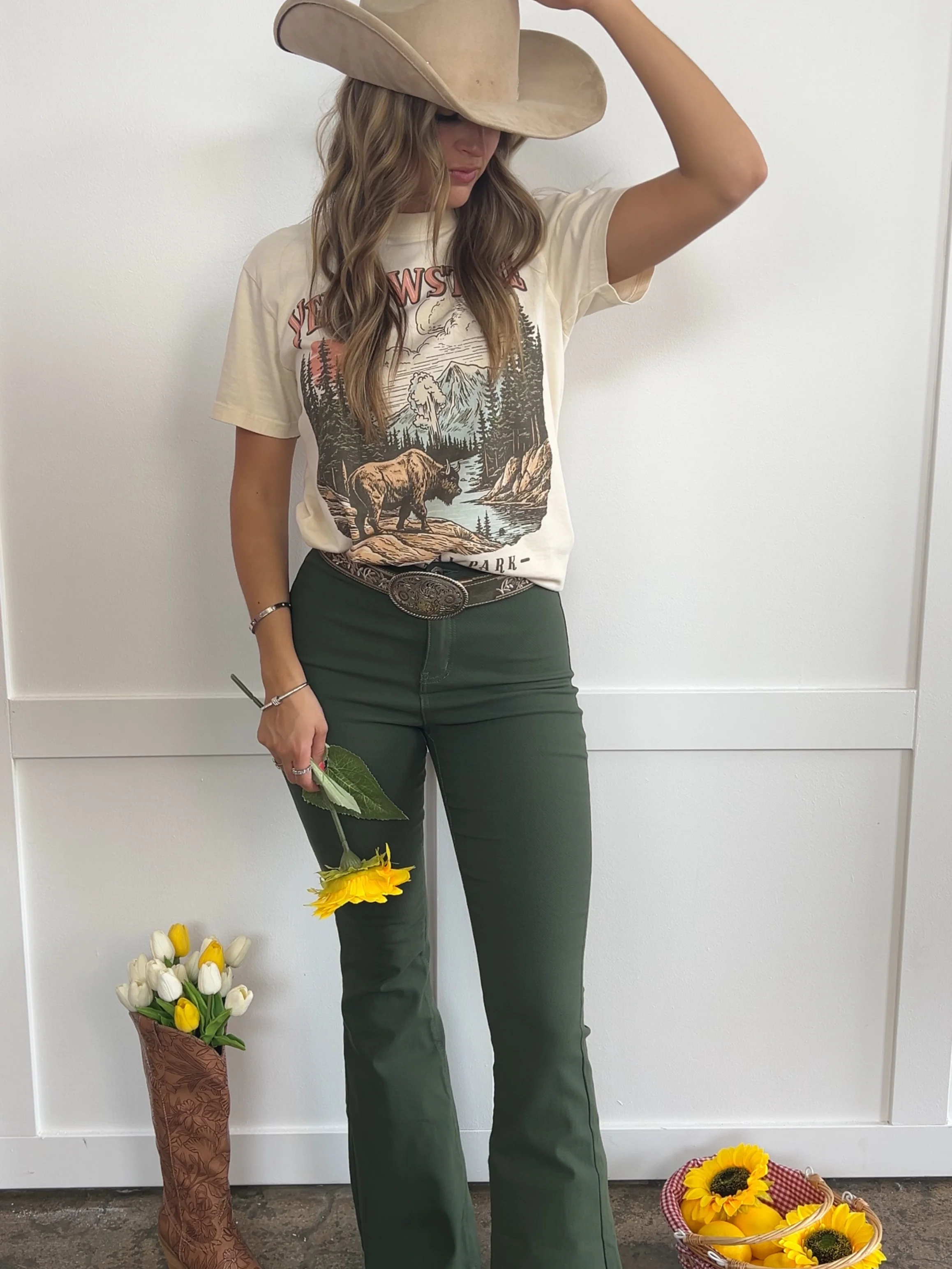 Fiona High Waisted Bell Bottom Flare Jeans - Olive - Image 4