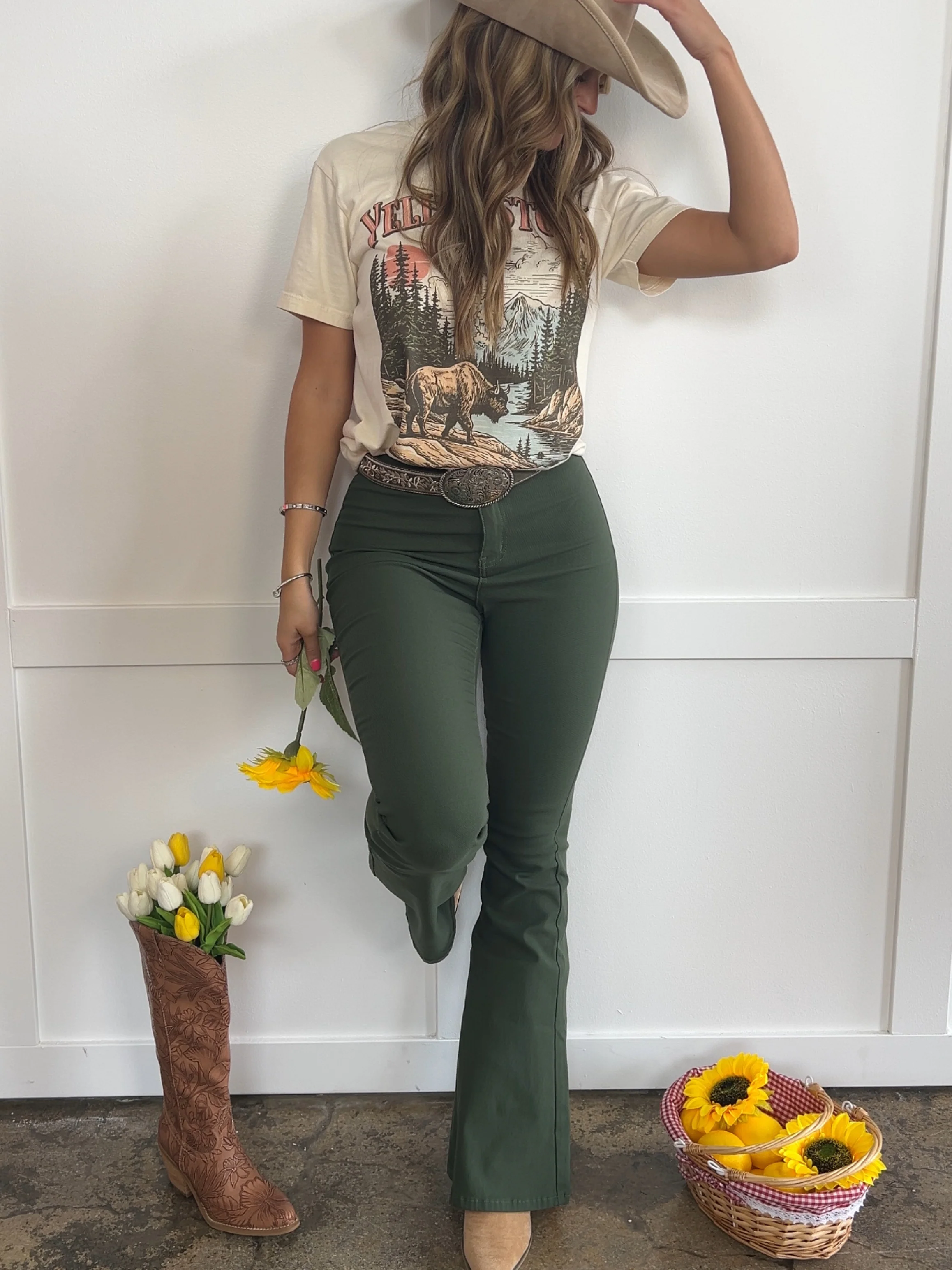 Fiona High Waisted Bell Bottom Flare Jeans - Olive - Image 5