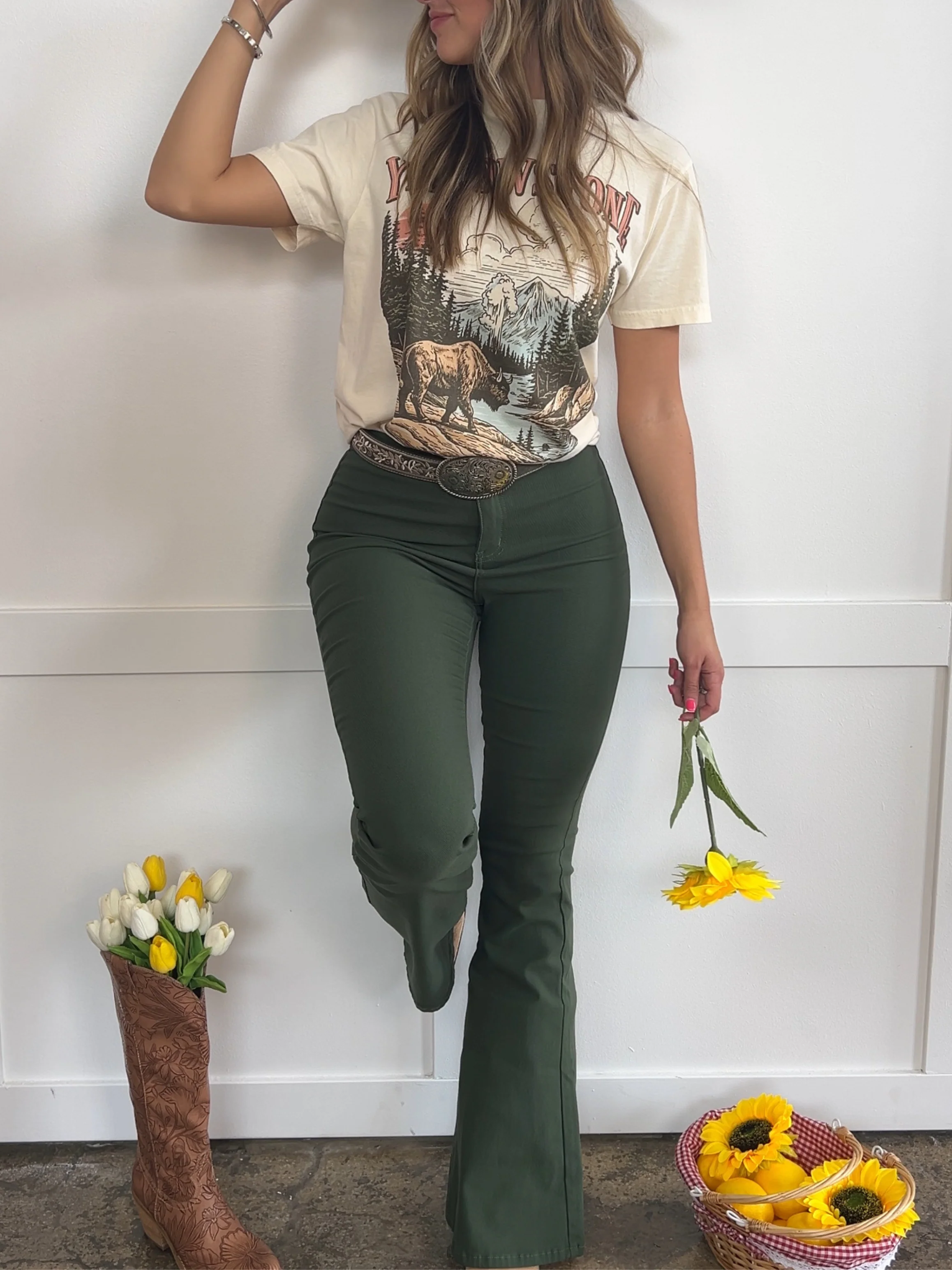 Fiona High Waisted Bell Bottom Flare Jeans - Olive - Image 6