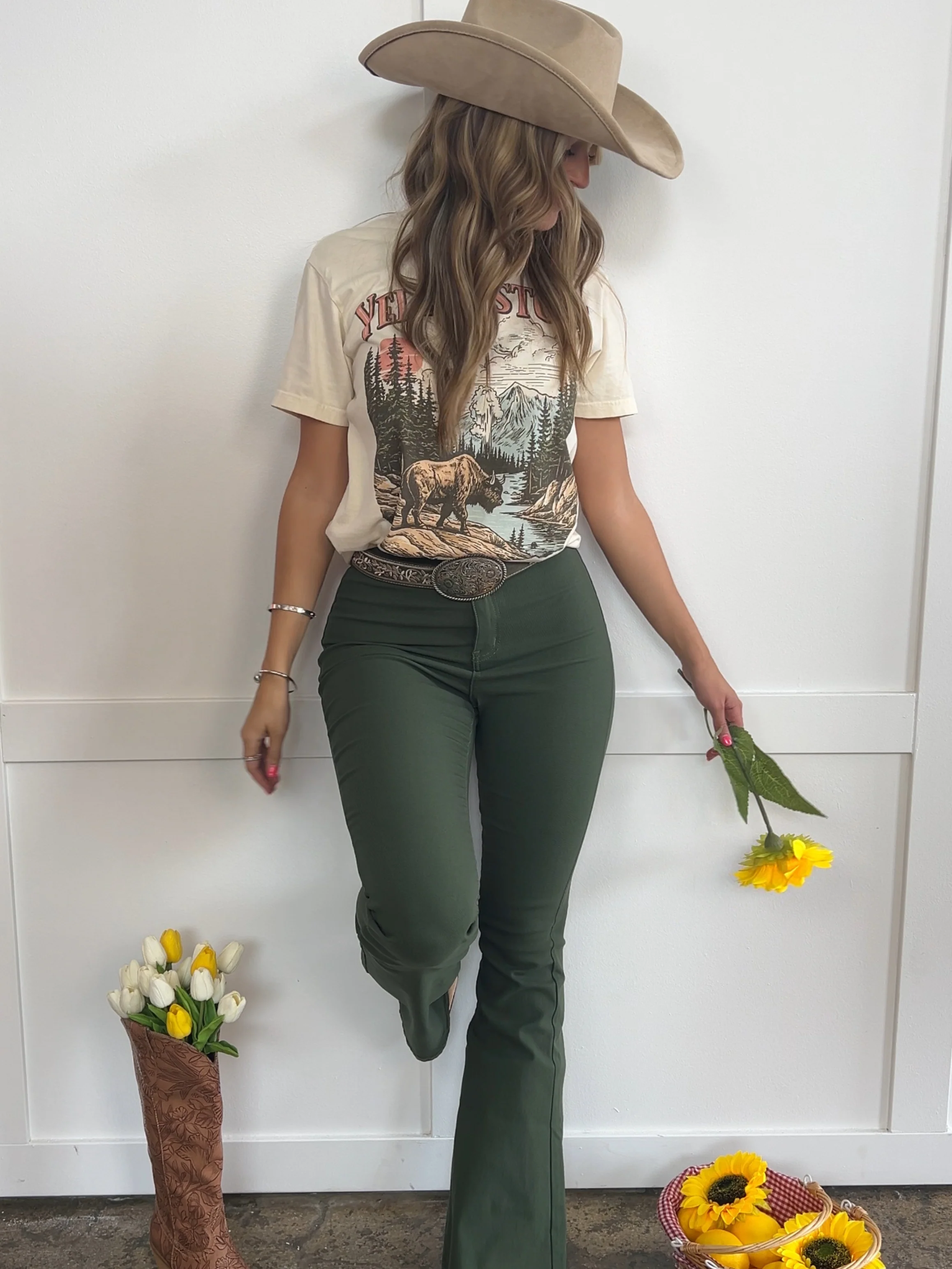 Fiona High Waisted Bell Bottom Flare Jeans - Olive - Image 9