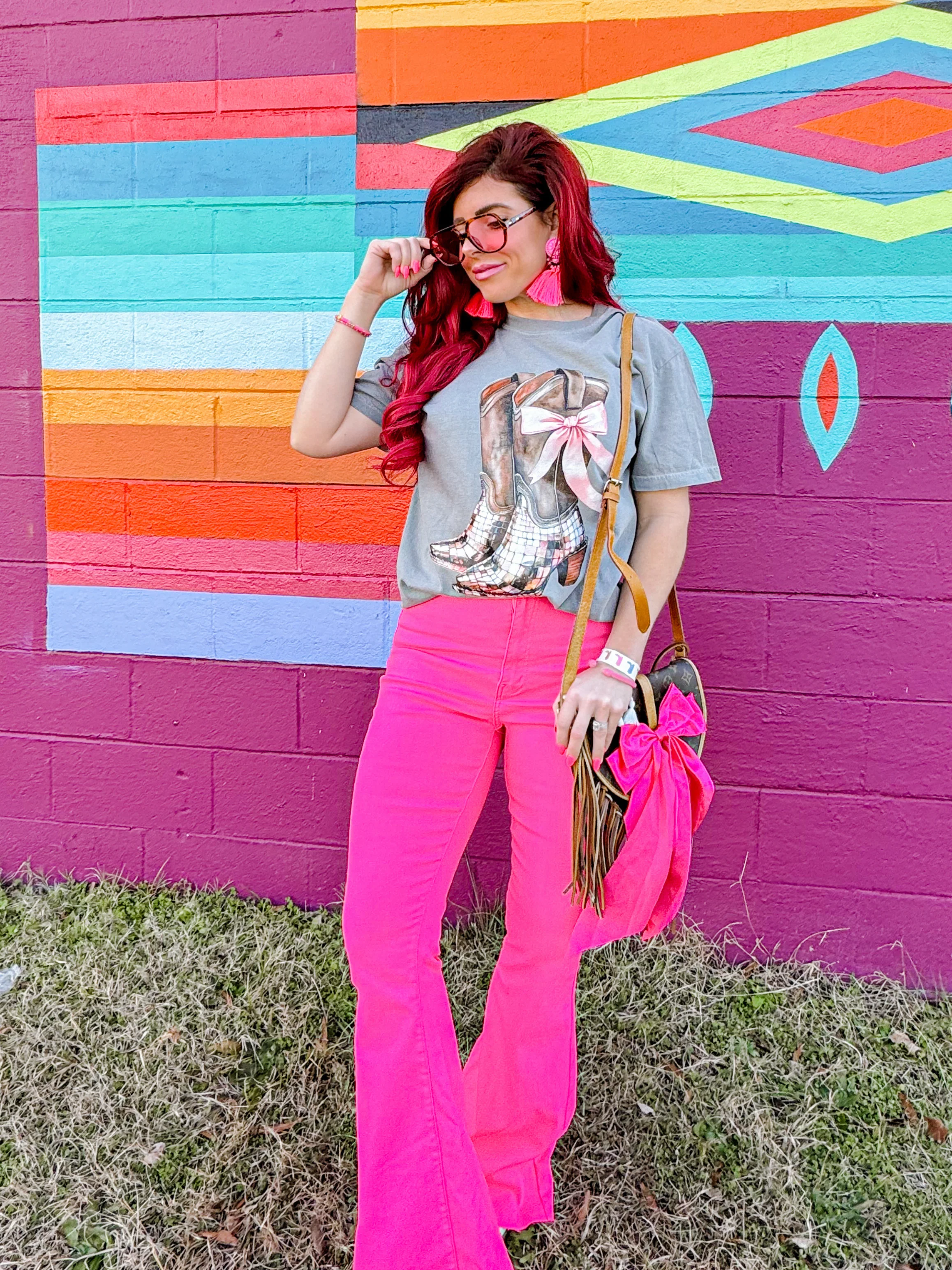 Fiona High Waisted Bell Bottom Flare Jeans - Pink - Image 16