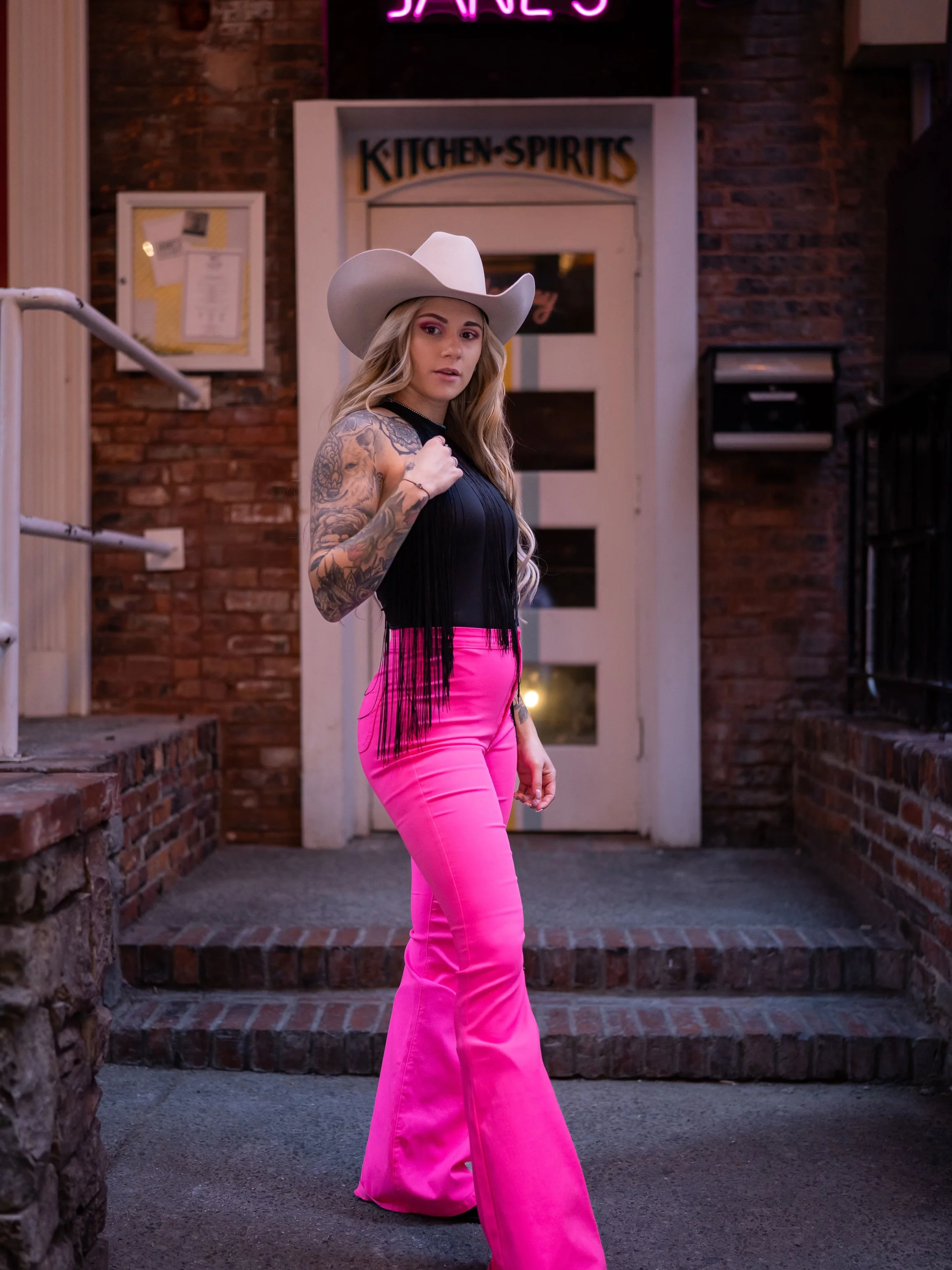 Fiona High Waisted Bell Bottom Flare Jeans - Pink - Image 3