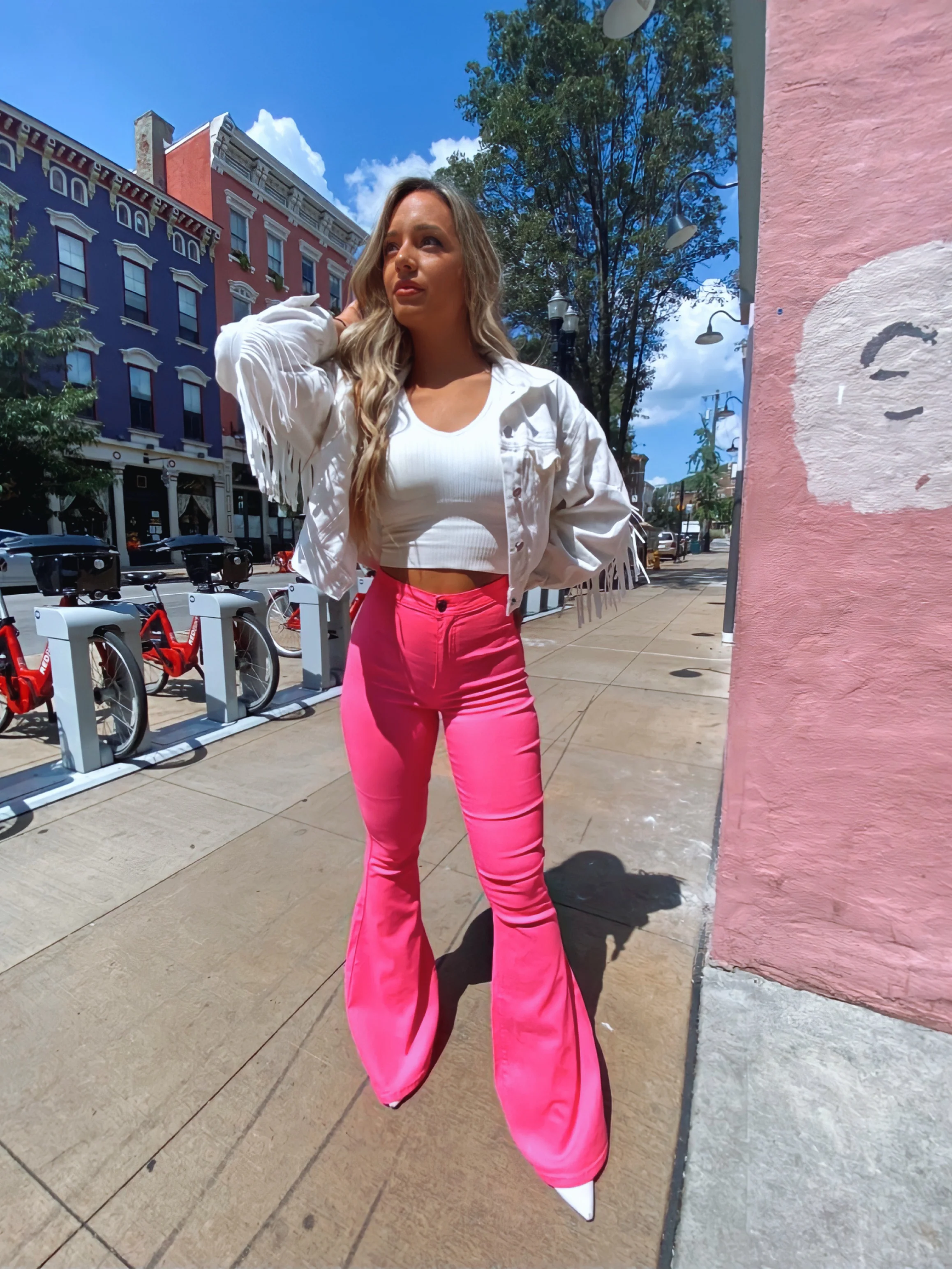 Fiona High Waisted Bell Bottom Flare Jeans - Pink - Image 9