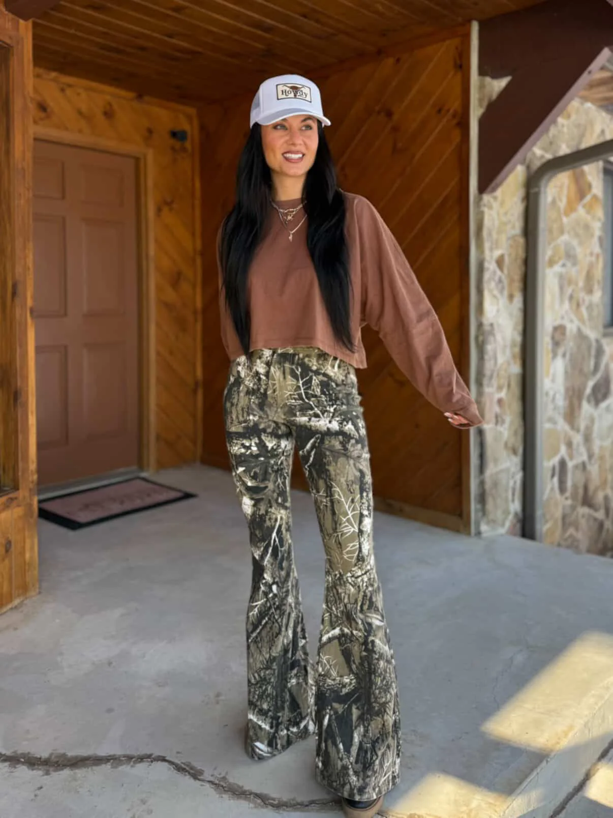Fiona High Waisted Bell Bottom Flare Jeans - Moss Brown Camo - Image 13