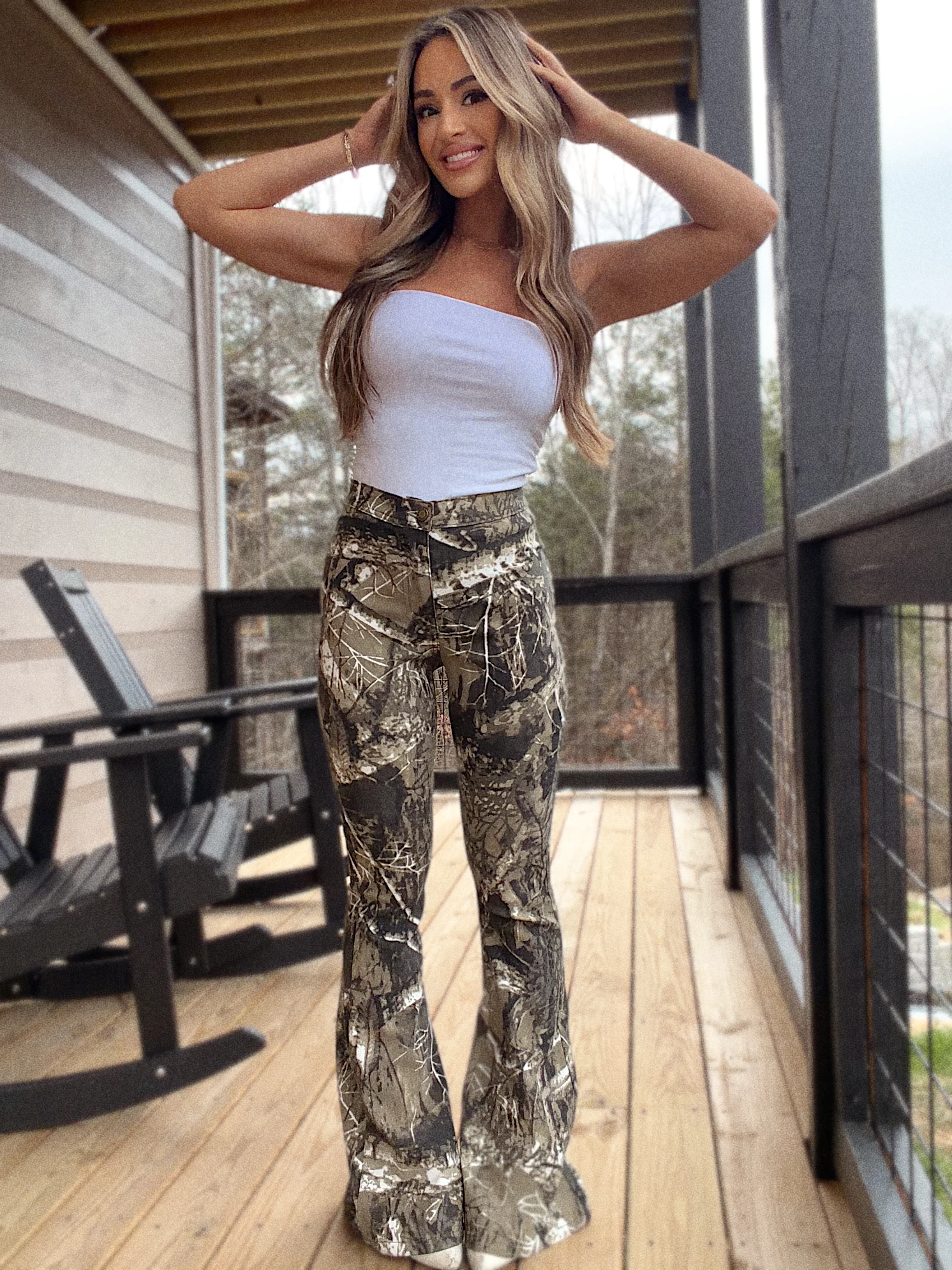 Fiona High Waisted Bell Bottom Flare Jeans - Moss Brown Camo - Image 15
