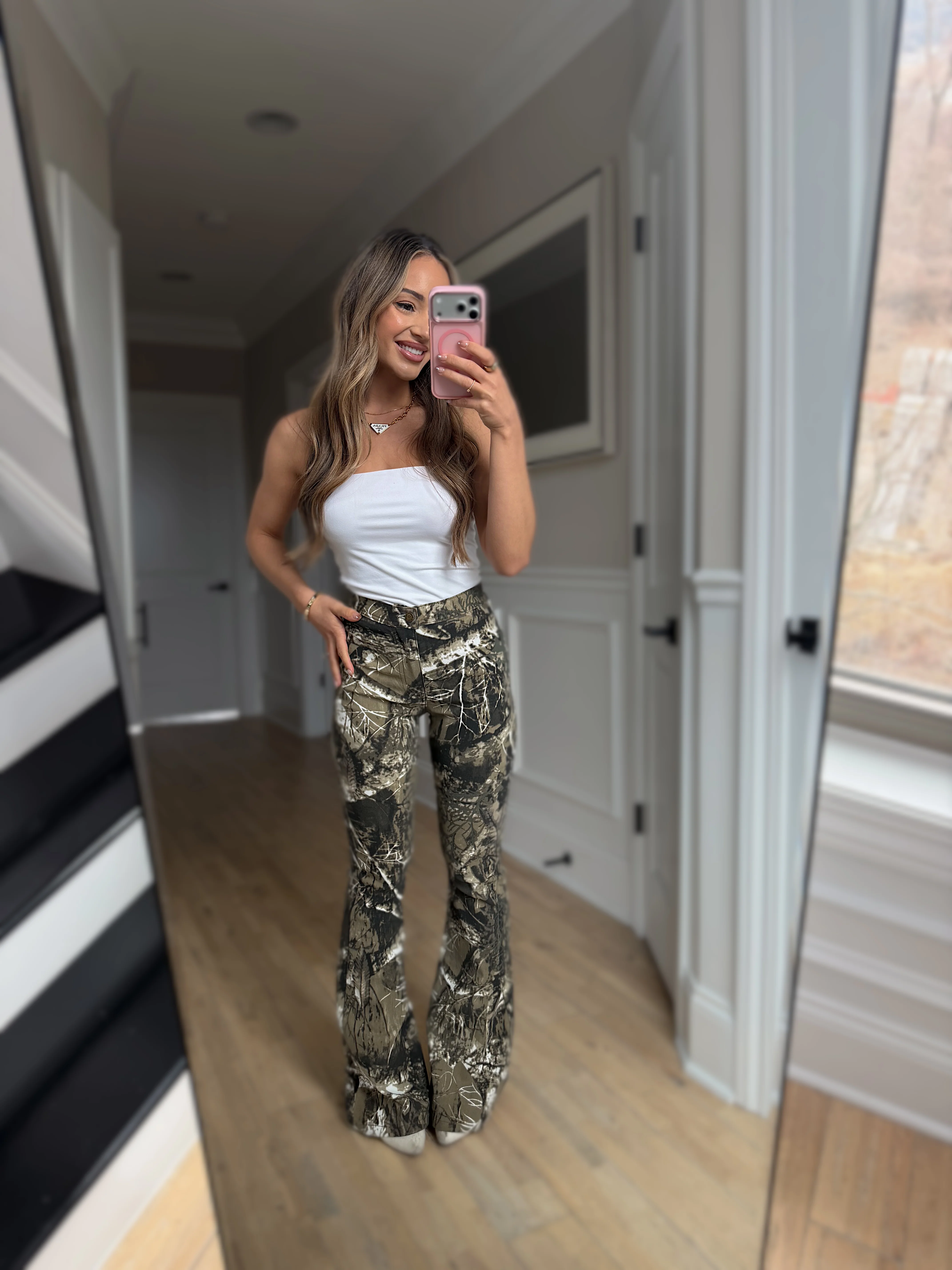 Fiona High Waisted Bell Bottom Flare Jeans - Moss Brown Camo - Image 22