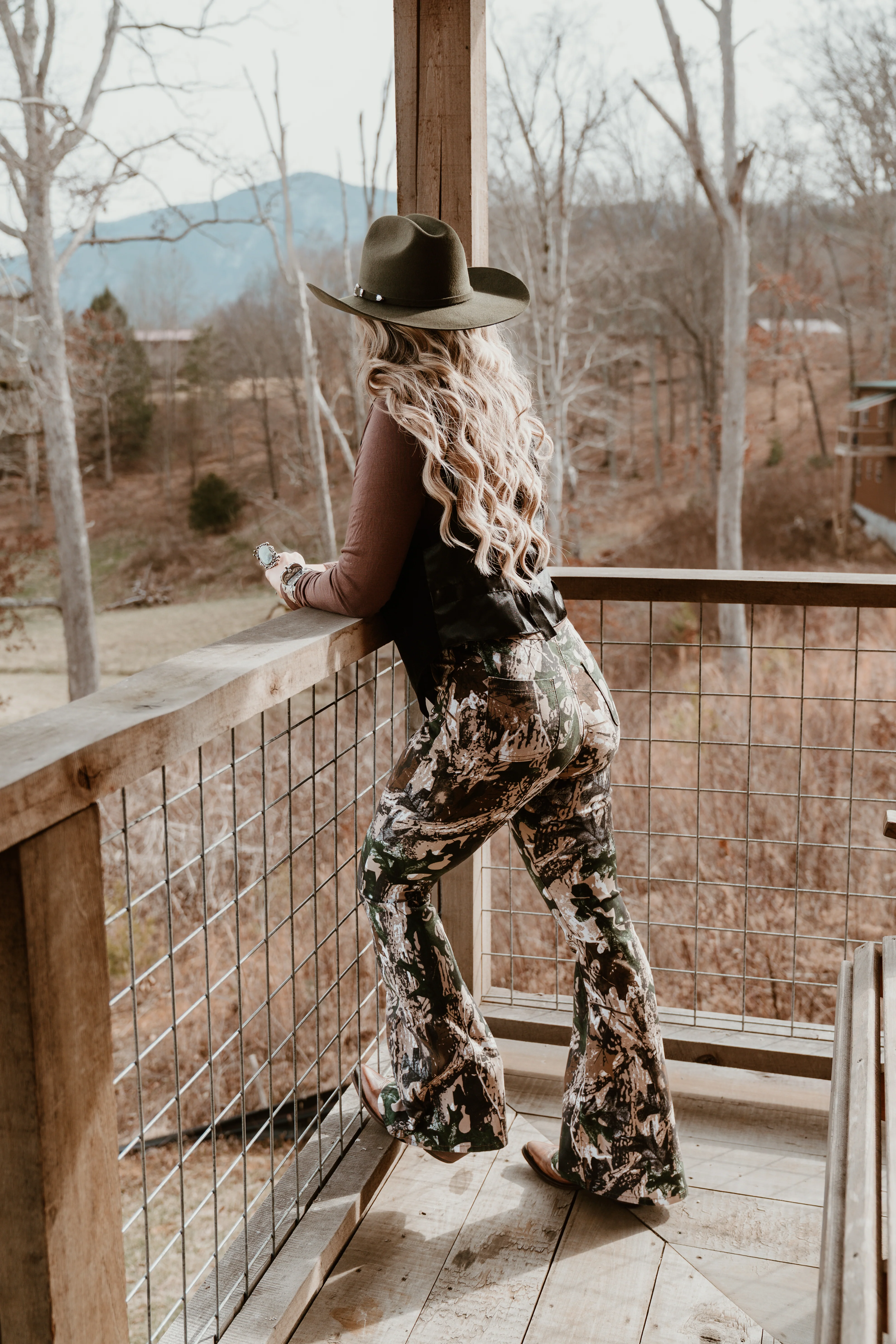 Fiona High Waisted Bell Bottom Flare Jeans - Woodland Green Camo - Image 12