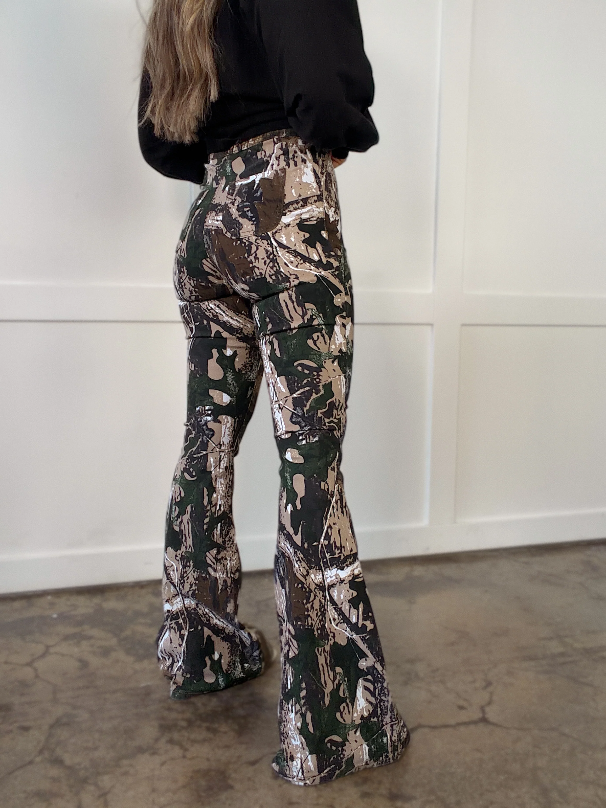 Fiona High Waisted Bell Bottom Flare Jeans - Woodland Green Camo - Image 14