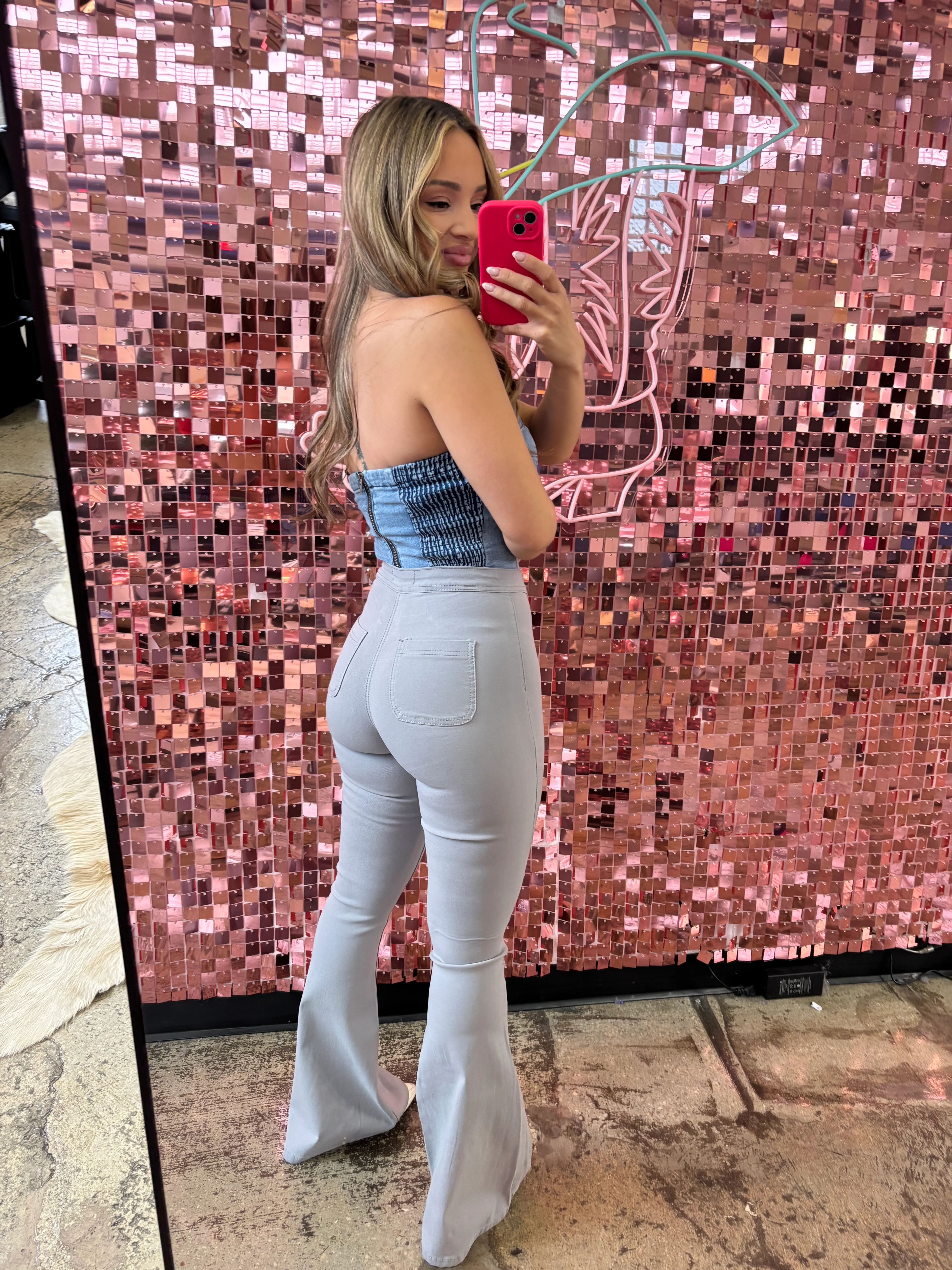 Fiona High Waisted Bell Bottom Flare Jeans - Light Grey - Image 2