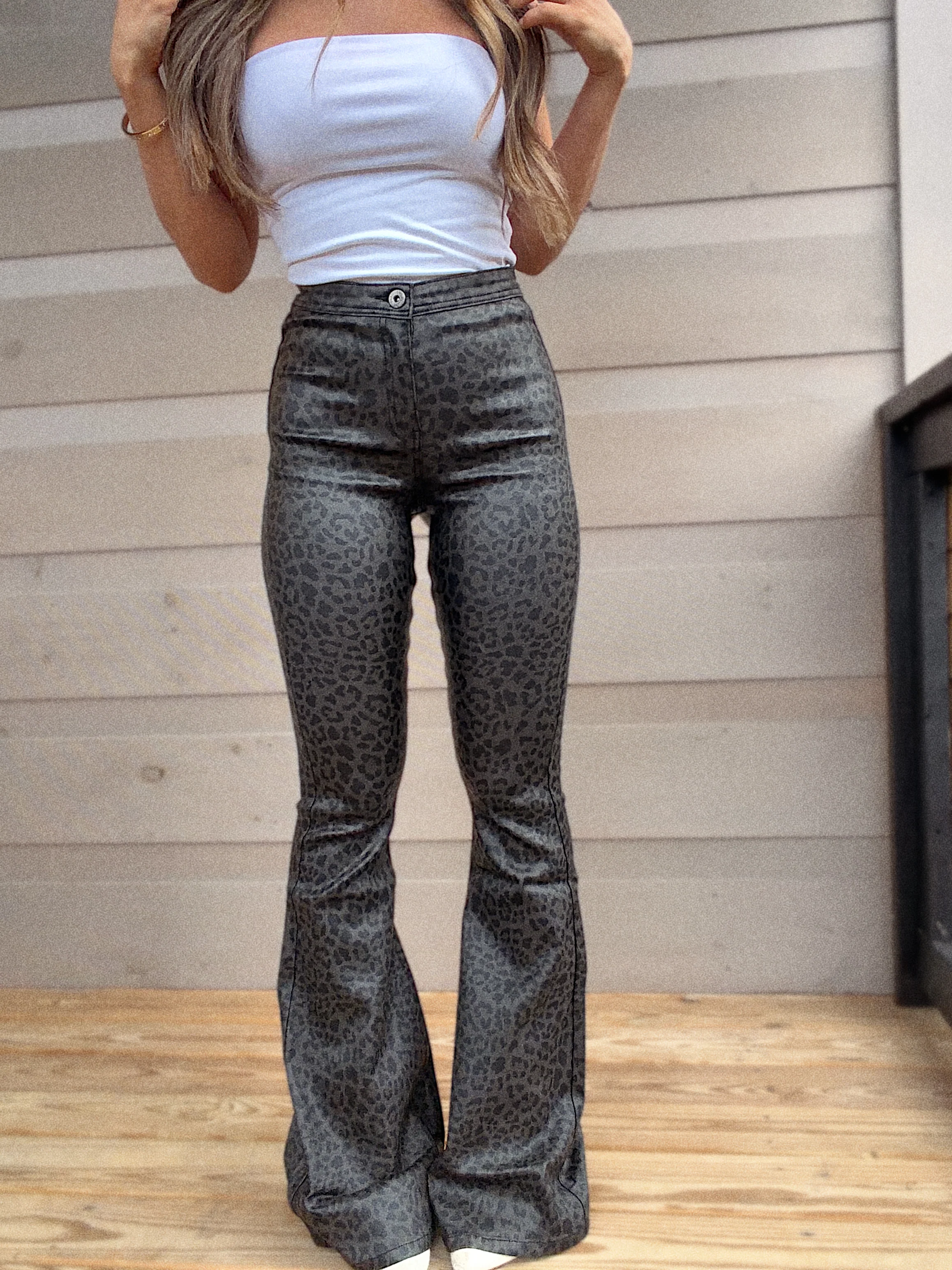 Fiona Leather Leopard High Waisted Bell Bottom Flare Jeans - Black Midnight Leopard - Image 3