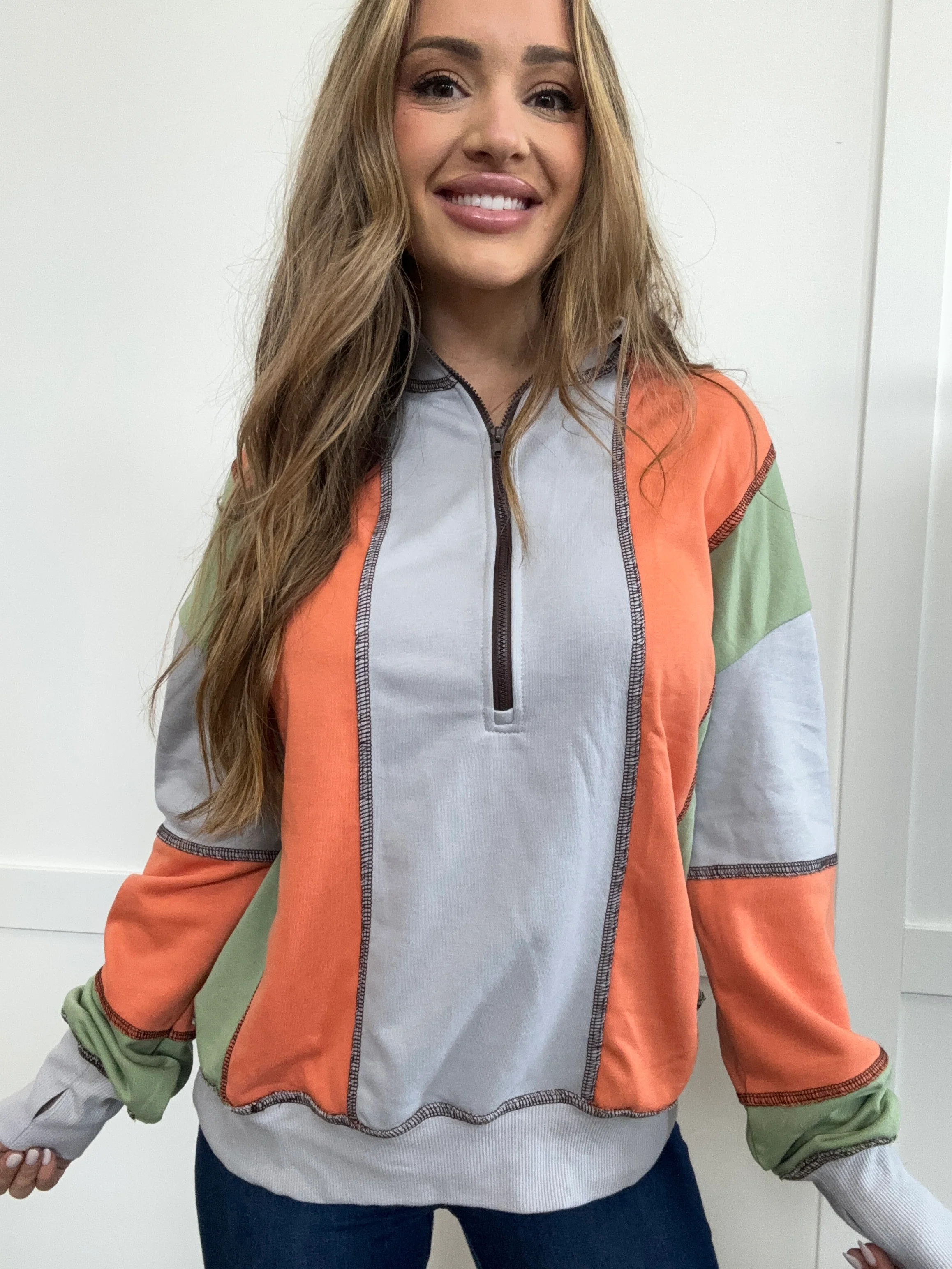 PREORDER: Block Party Exposed Seam Color Block Long Sleeve Sweatshirt - Image 2