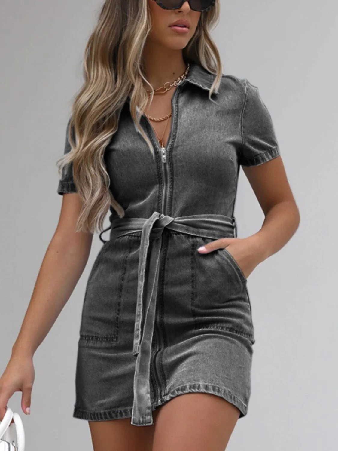 PREORDER: Fia Full Size Zip Front Short Sleeve Denim Dress Plus Size - Image 19