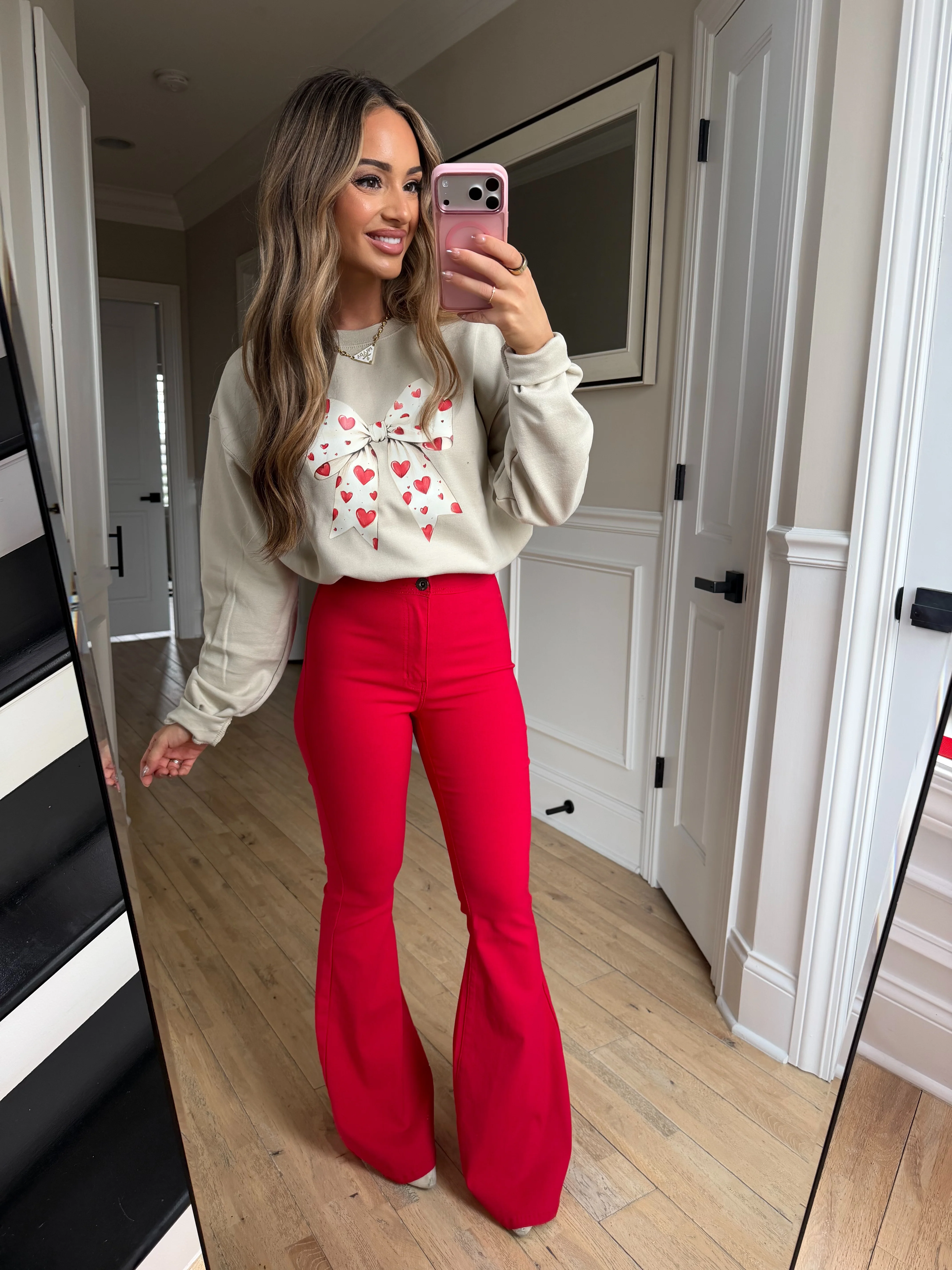 Fiona High Waisted Bell Bottom Flare Jeans - Red - Image 8