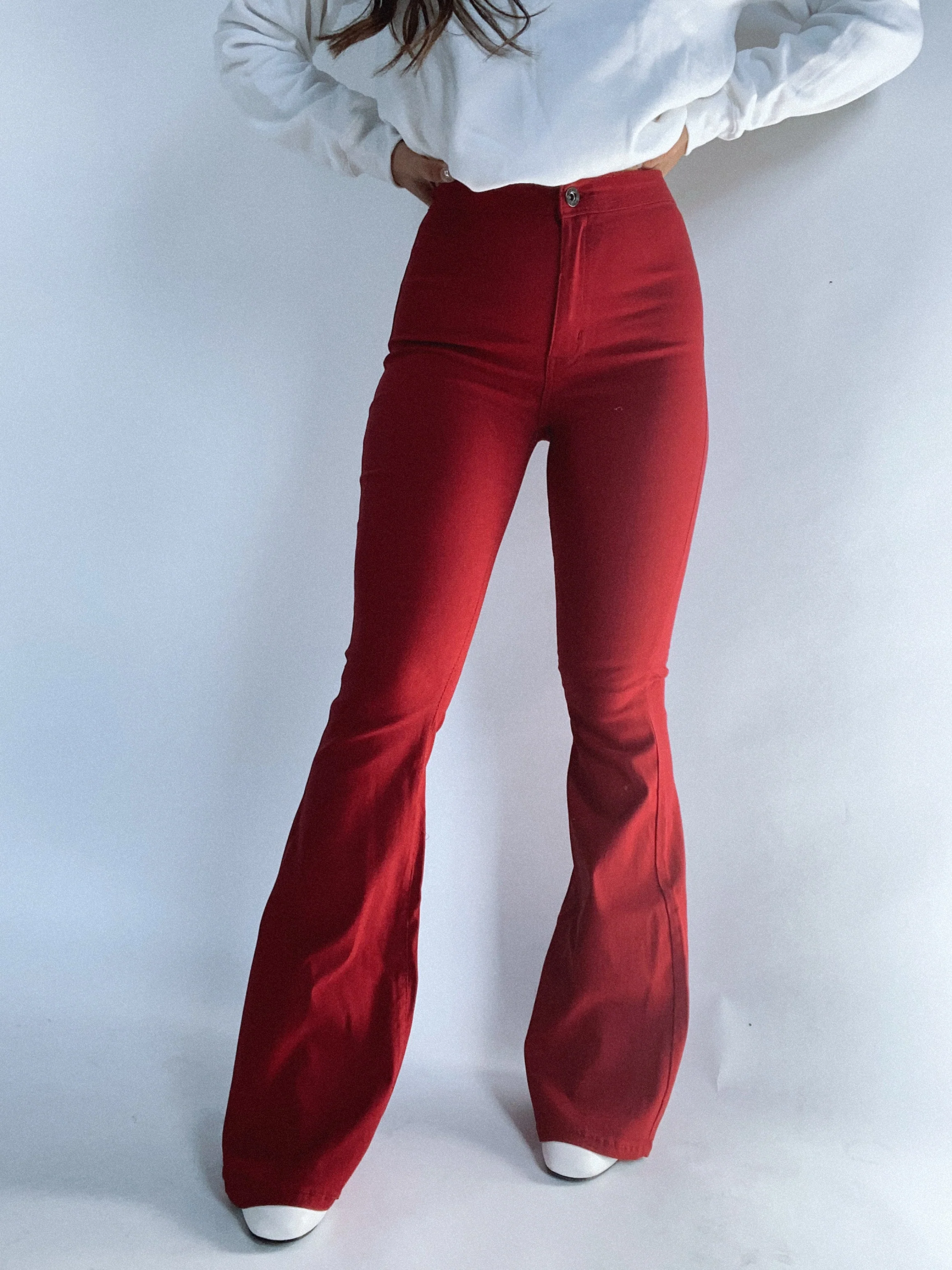 Fiona High Waisted Bell Bottom Flare Jeans -  Burgundy - Image 5