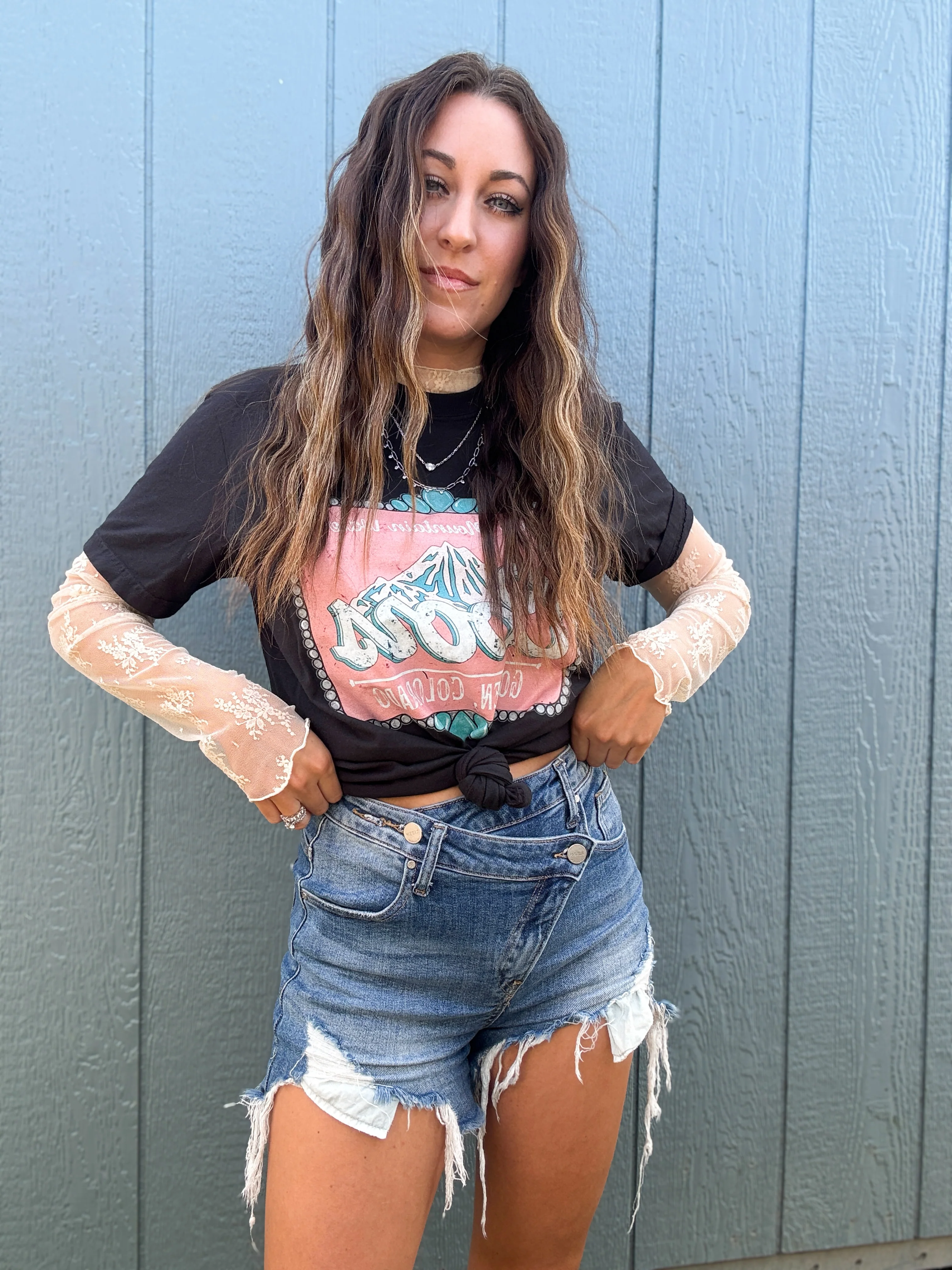 Lindsey Asymmetrical Distressed Shorts- Medium Wash - Image 17