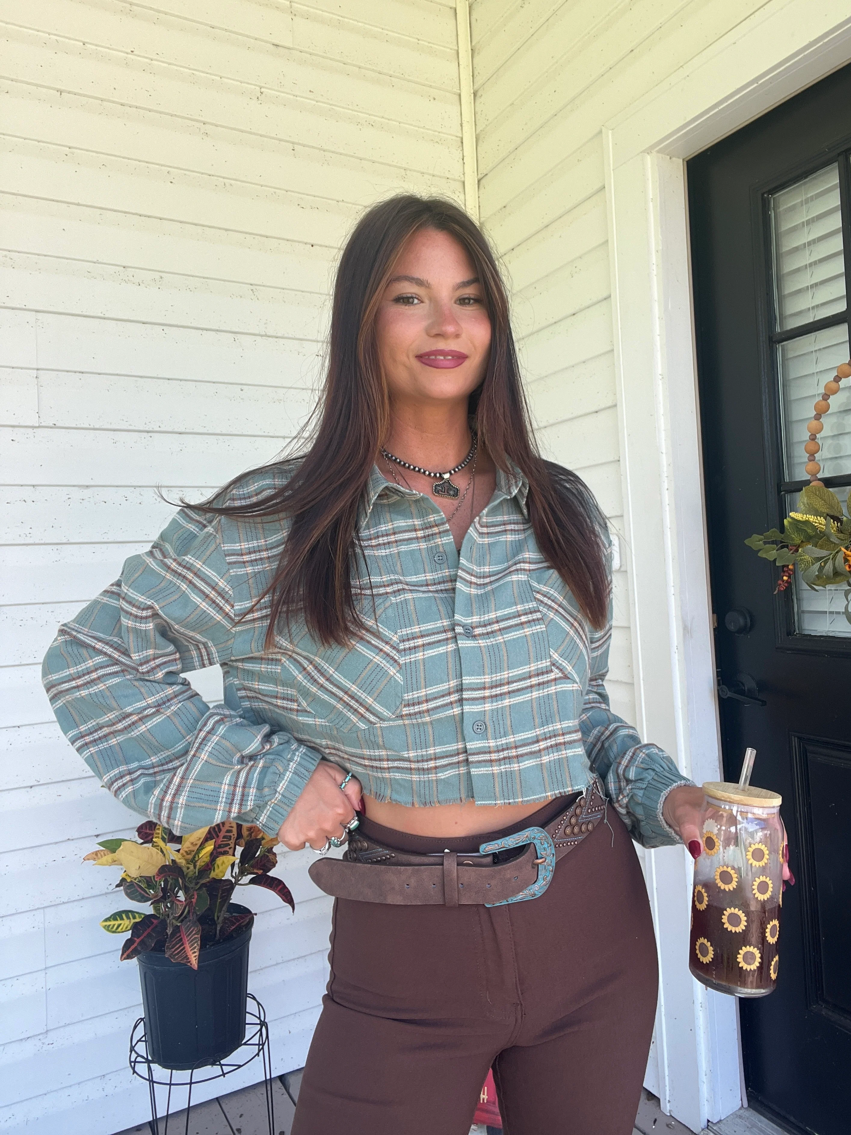 Original Rory Plaid Cropped Flannel - Green - Image 5